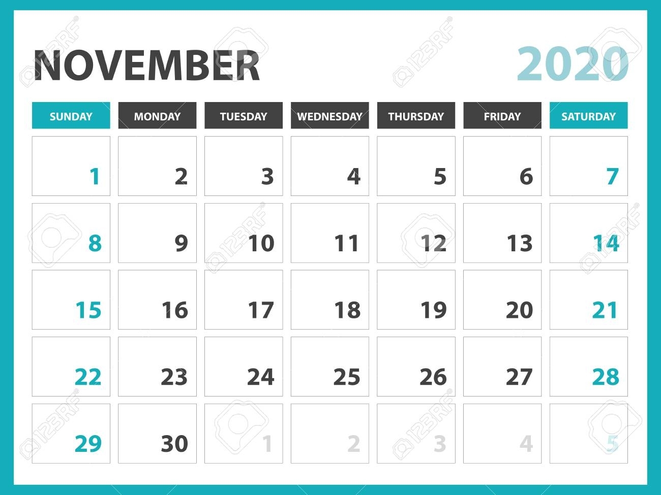 Desk Calendar Layout Size 8 X 6 Inch, November 2020 Calendar..