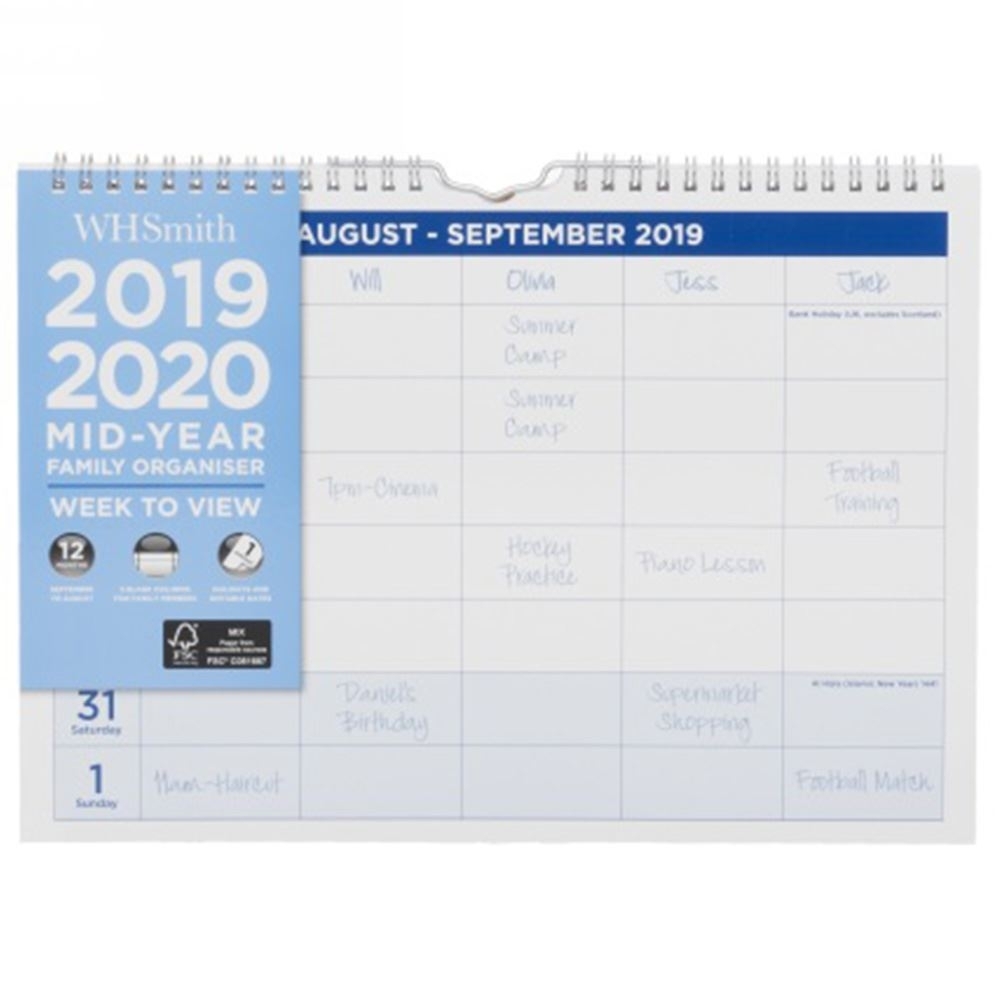 Details About Whsmith 2019-20 A4 Mid Year Calendar Family Organiser Week To  View Format