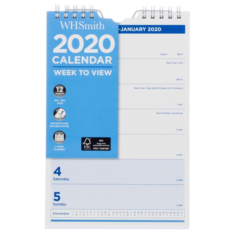 Details About Whsmith 2020 Calendar Week To View Spiral Bound With Holiday  &amp; Notable Dates