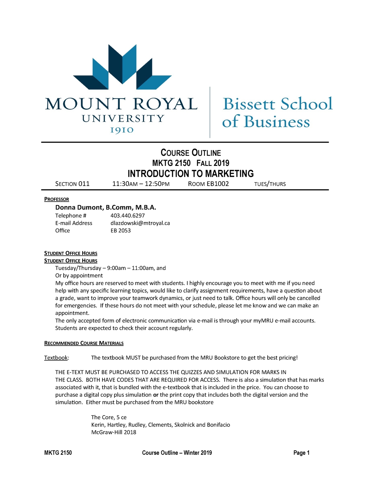 Donna 2150 Winter 2019 Course Outline - Mktg 2150 - Mru