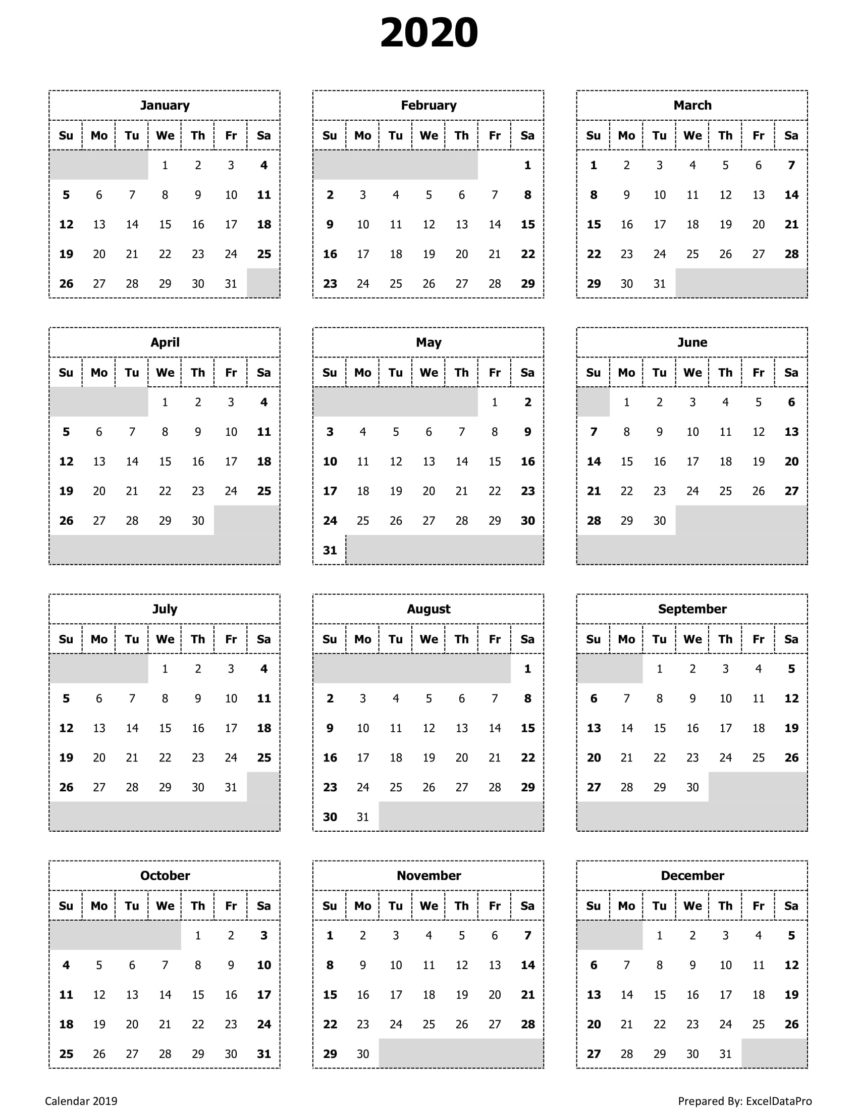 Download 2020 Monthly Calendar (Sun Start) Ink Saver Excel