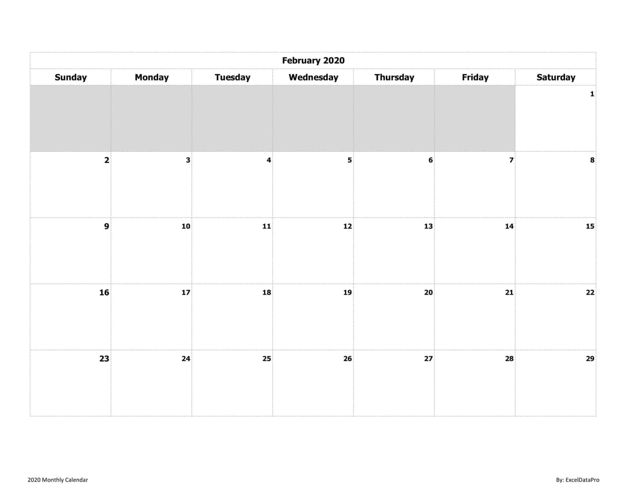 Download 2020 Monthly Calendar (Sun Start) Ink Saver Excel