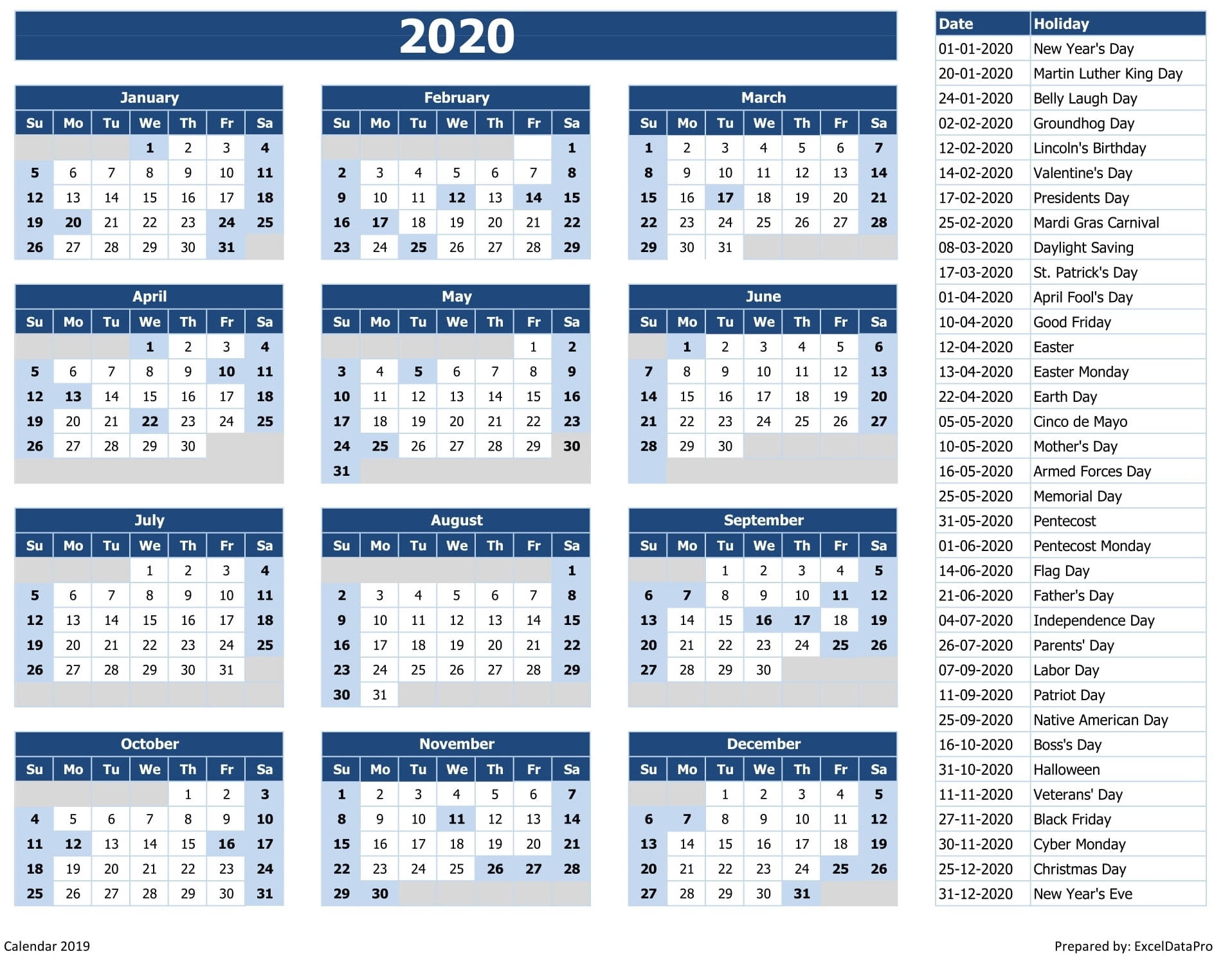 Download 2020 Yearly Calendar (Sun Start) Excel Template