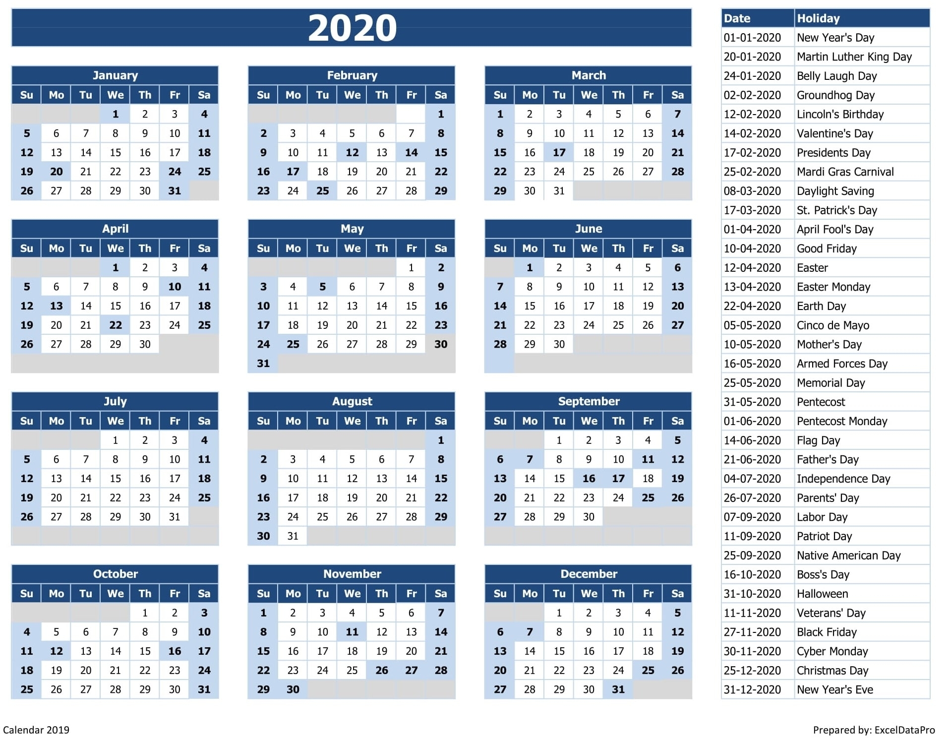 Download 2020 Yearly Calendar (Sun Start) Excel Template