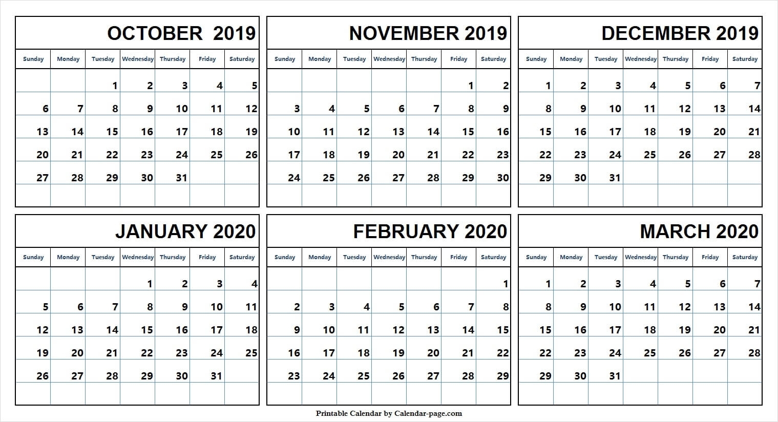 Download Calendar October 2019 - March 2020 | Printable Cute