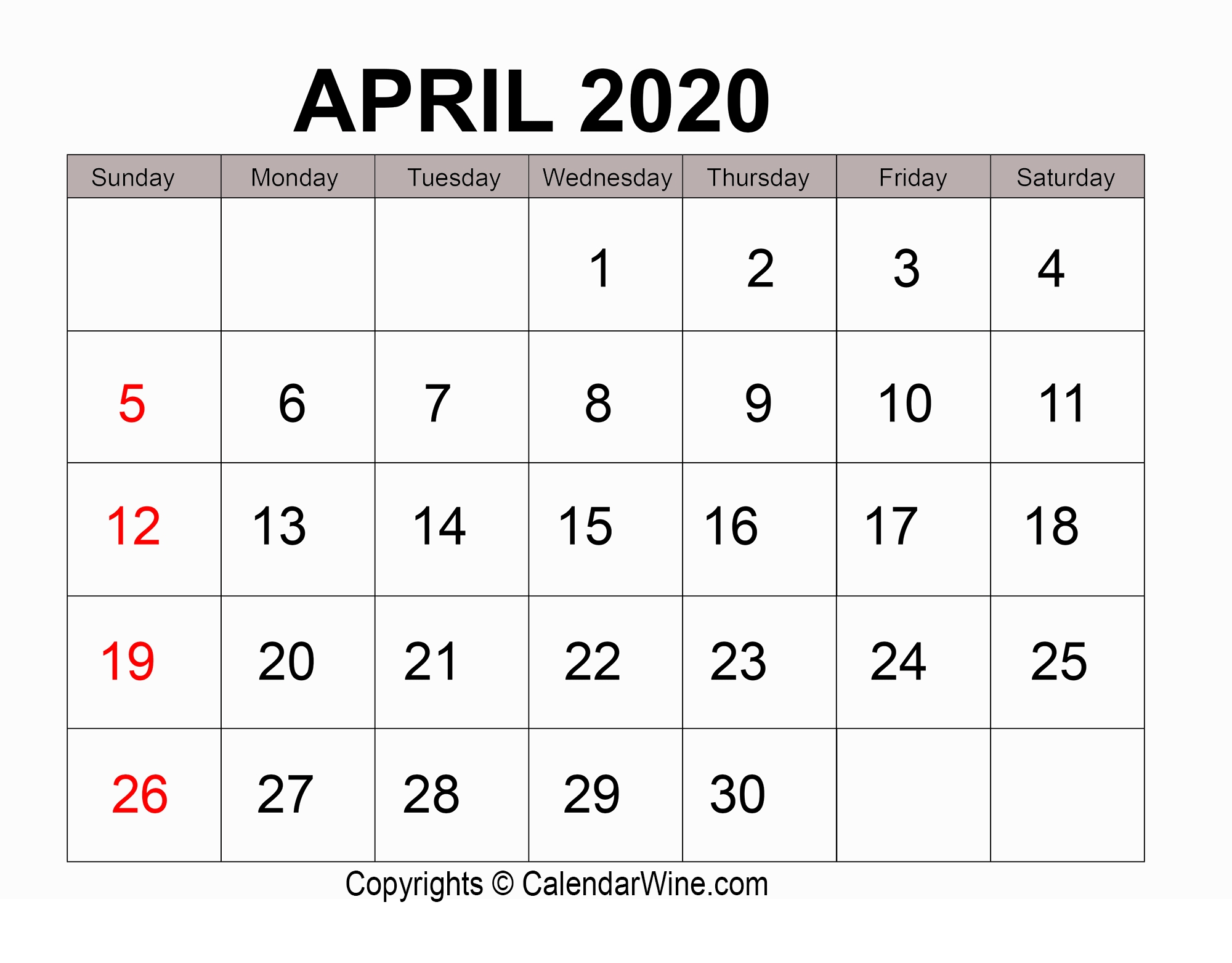 Download Free Printable April 2020 Calendar Pdf Template