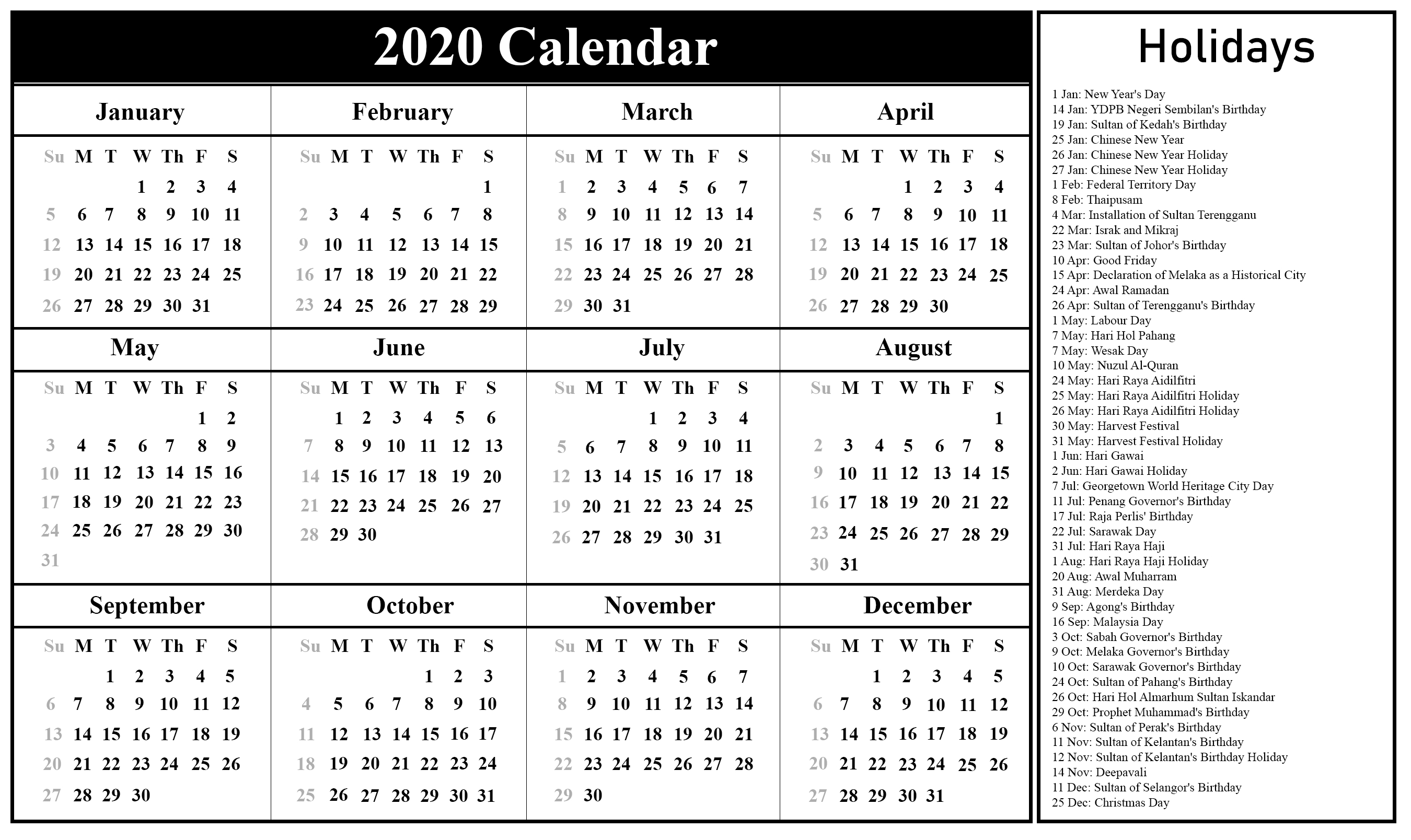 Download Free Printable Malaysia Calendar 2020 In Pdf, Excel