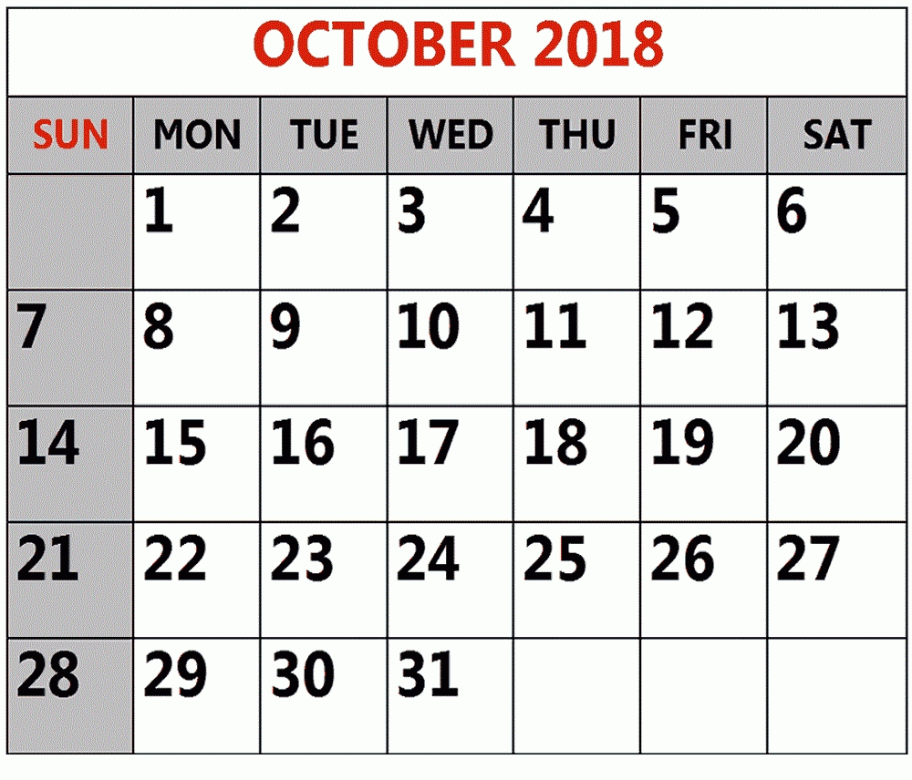 Download October 2018 Calendar Large Number | 2018 Calendar
