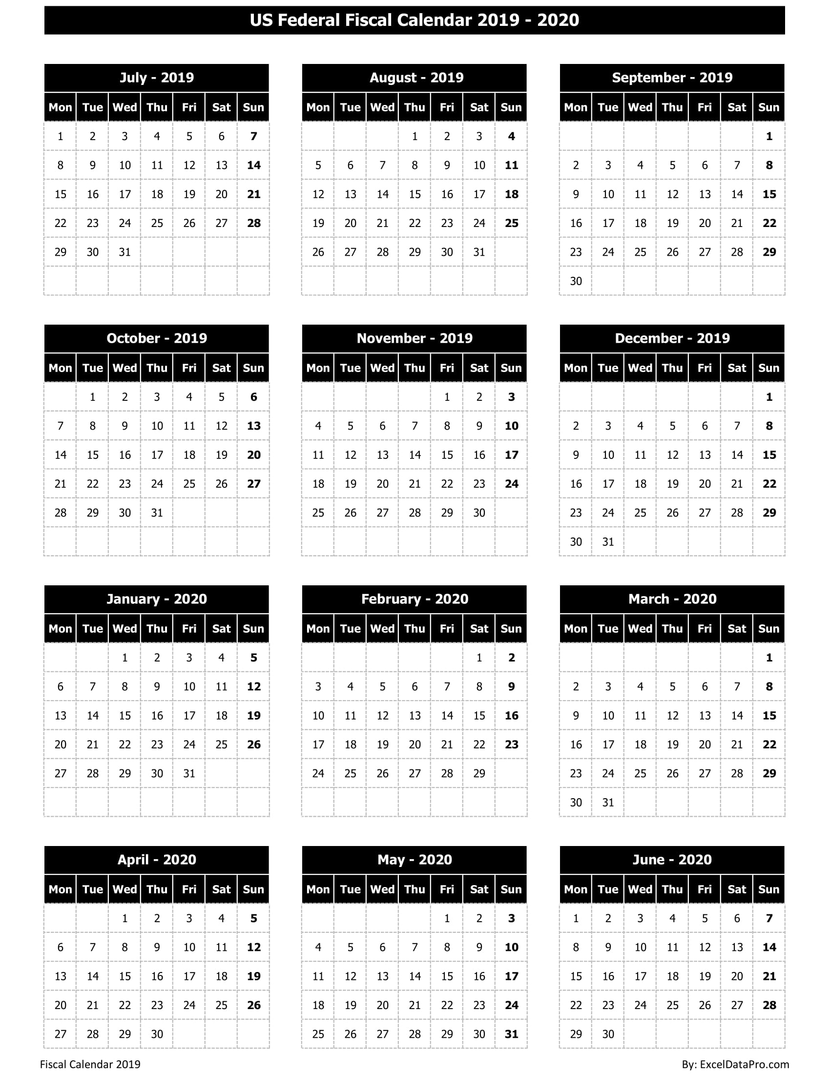 Download Us Federal Fiscal Calendar 2019-20 Excel Template
