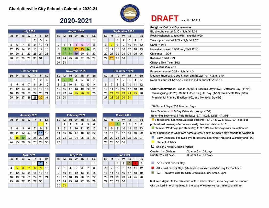 Draft Calendar For 2020-21 | Charlottesville City Schools