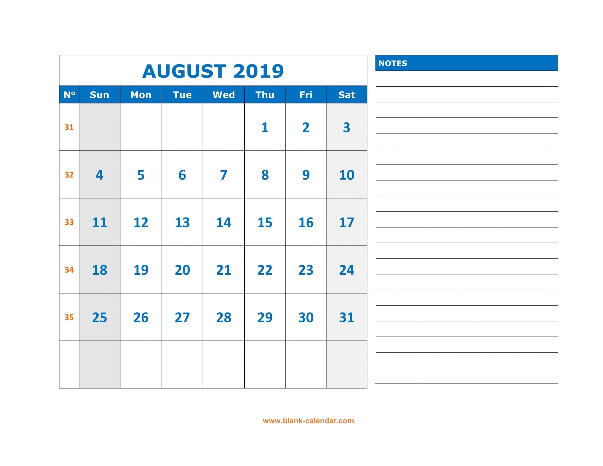 ✅ Blank August 2019 Calendar Printable Free Download