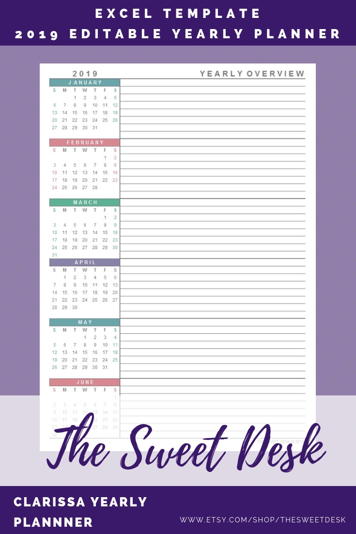Editable 2019 Yearly Planner, Printable Excel Yearly