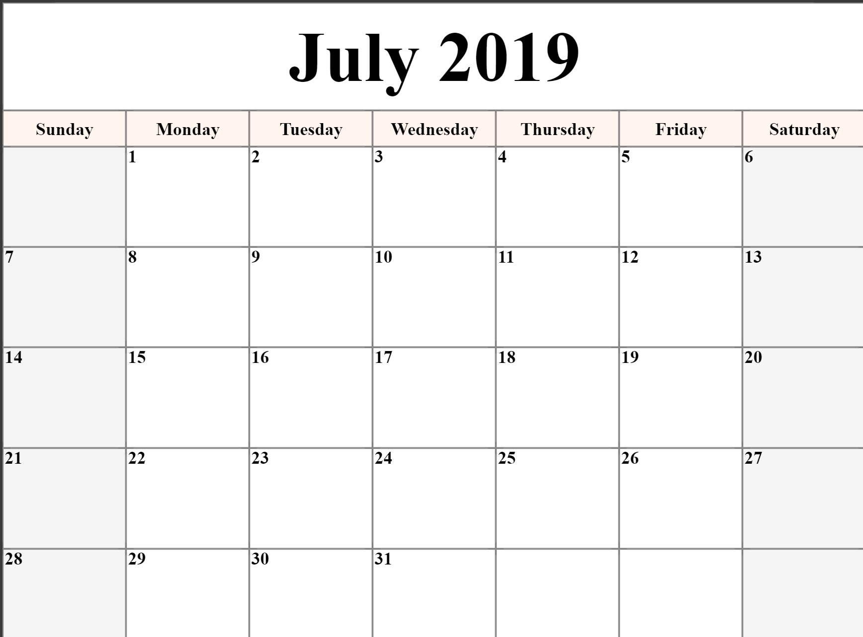 Editable July 2019 Calendar Blank Template Printable Word