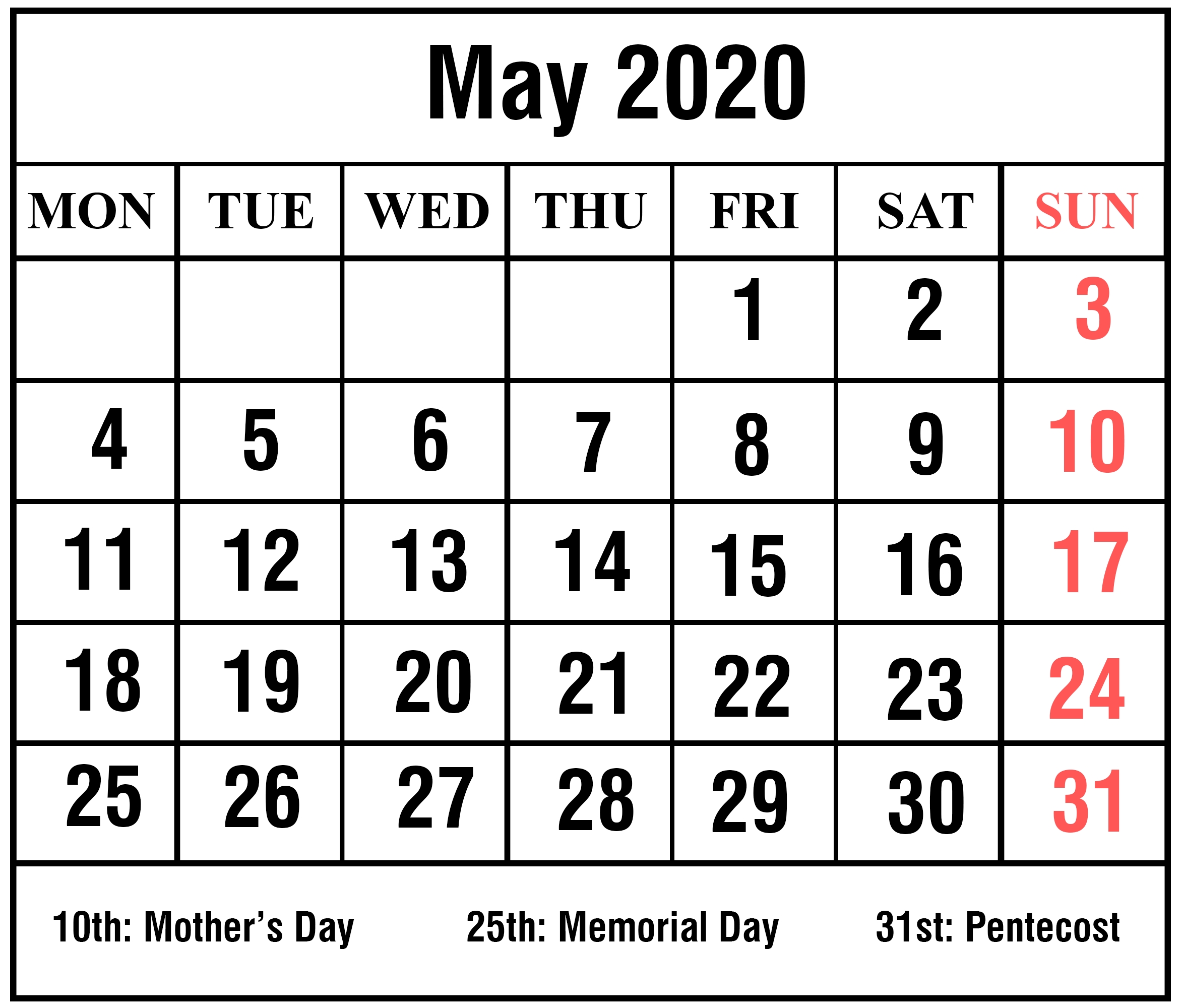 Editable May 2020 Calendar To Print Pdf Word Blank Blank