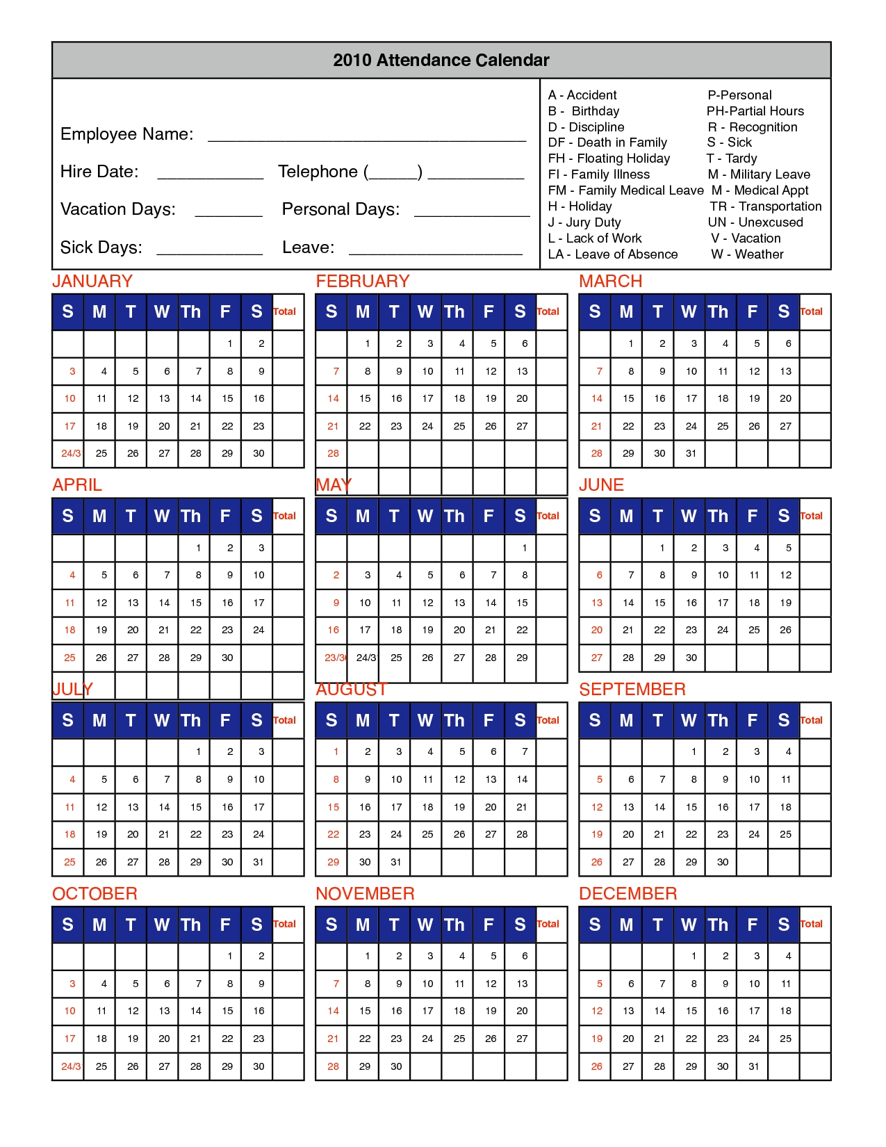 Employee Vacation Calendar Template 2020 Printable Free