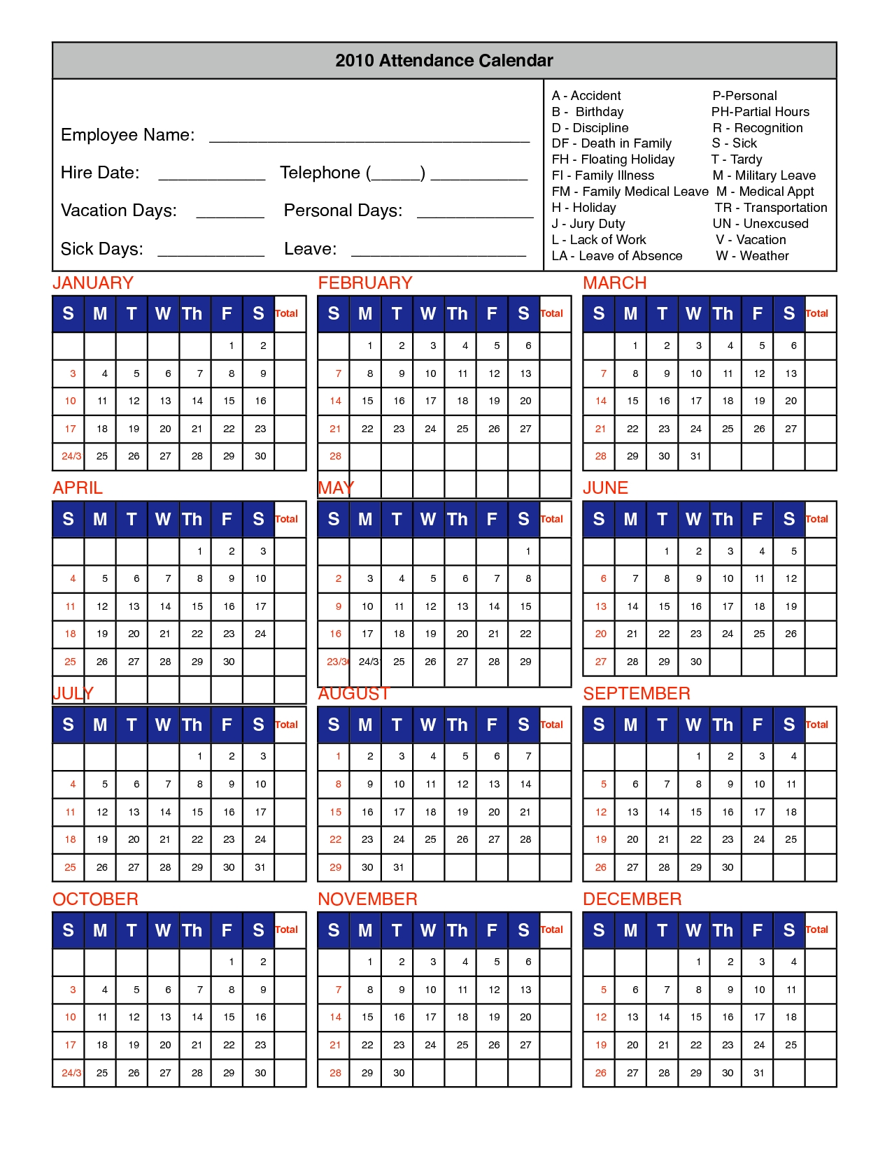 Vacation Calendar Template For Employees