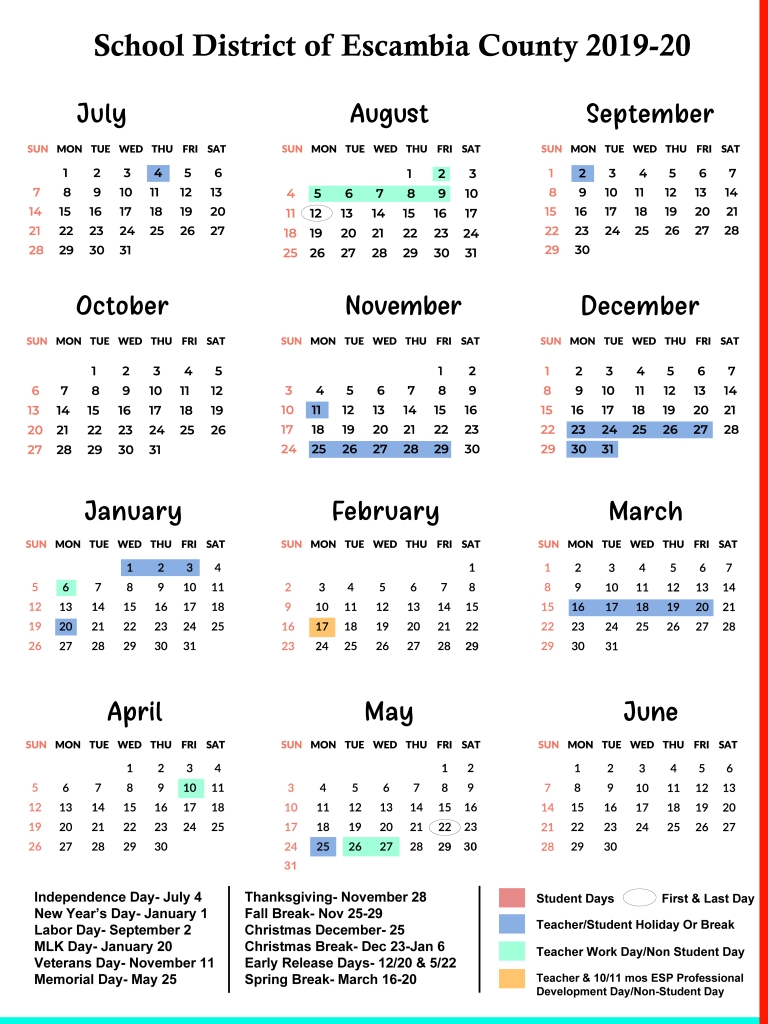 Escambia County Schools Calendar 2019-2020 | Us School Calendar