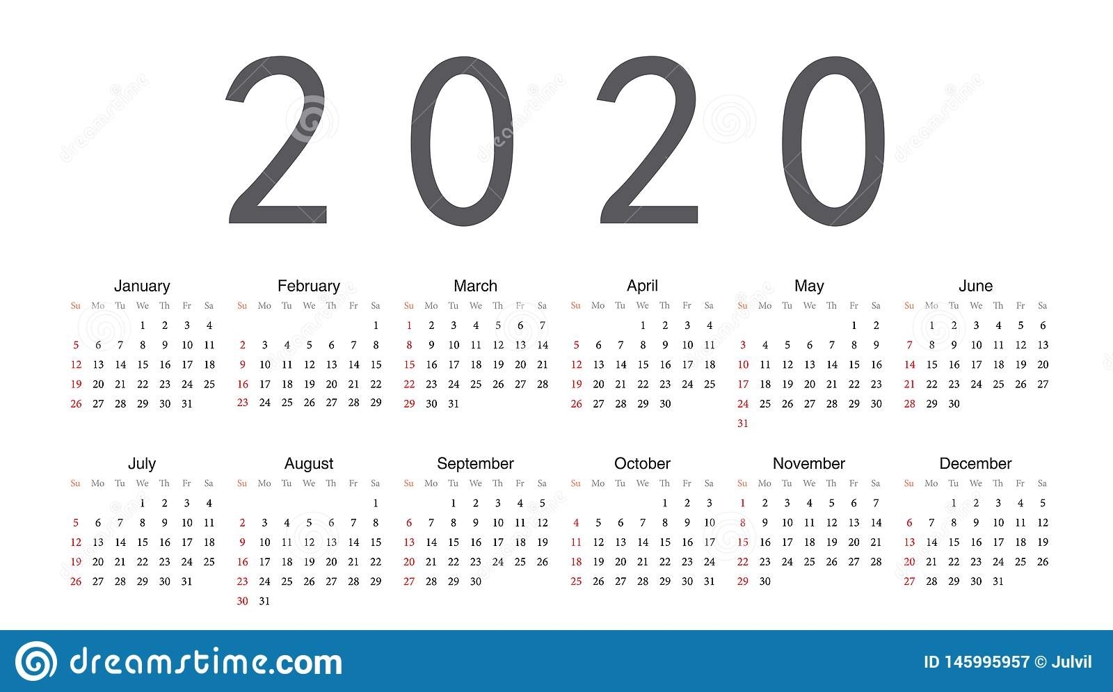 European 2020 Year Vector Calendar Stock Vector