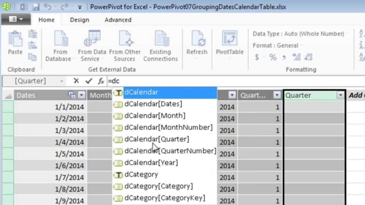 Excel 2013 Powerpivot Basics 7: Calendar Table Calculated Columns: Month  Year Quarter Fiscal Quarter