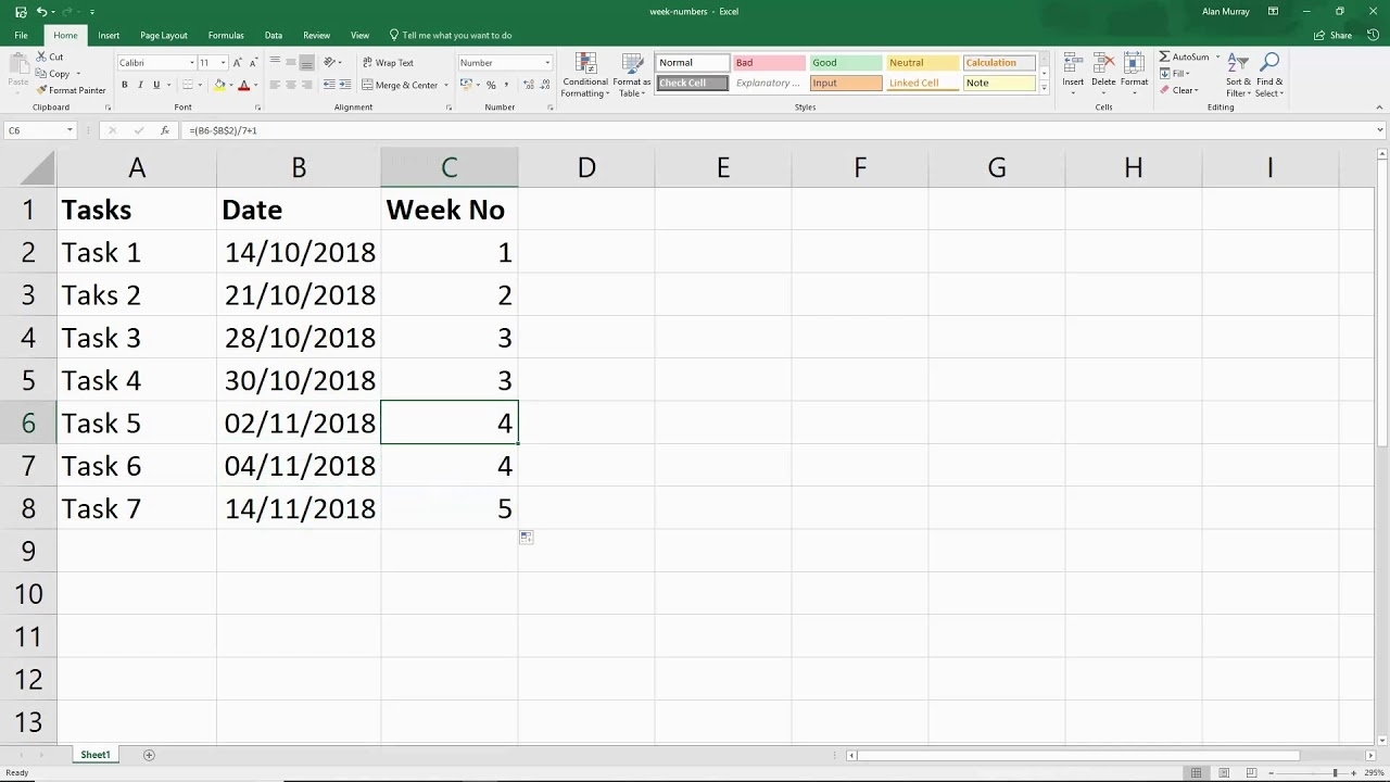 excel formula for week of year