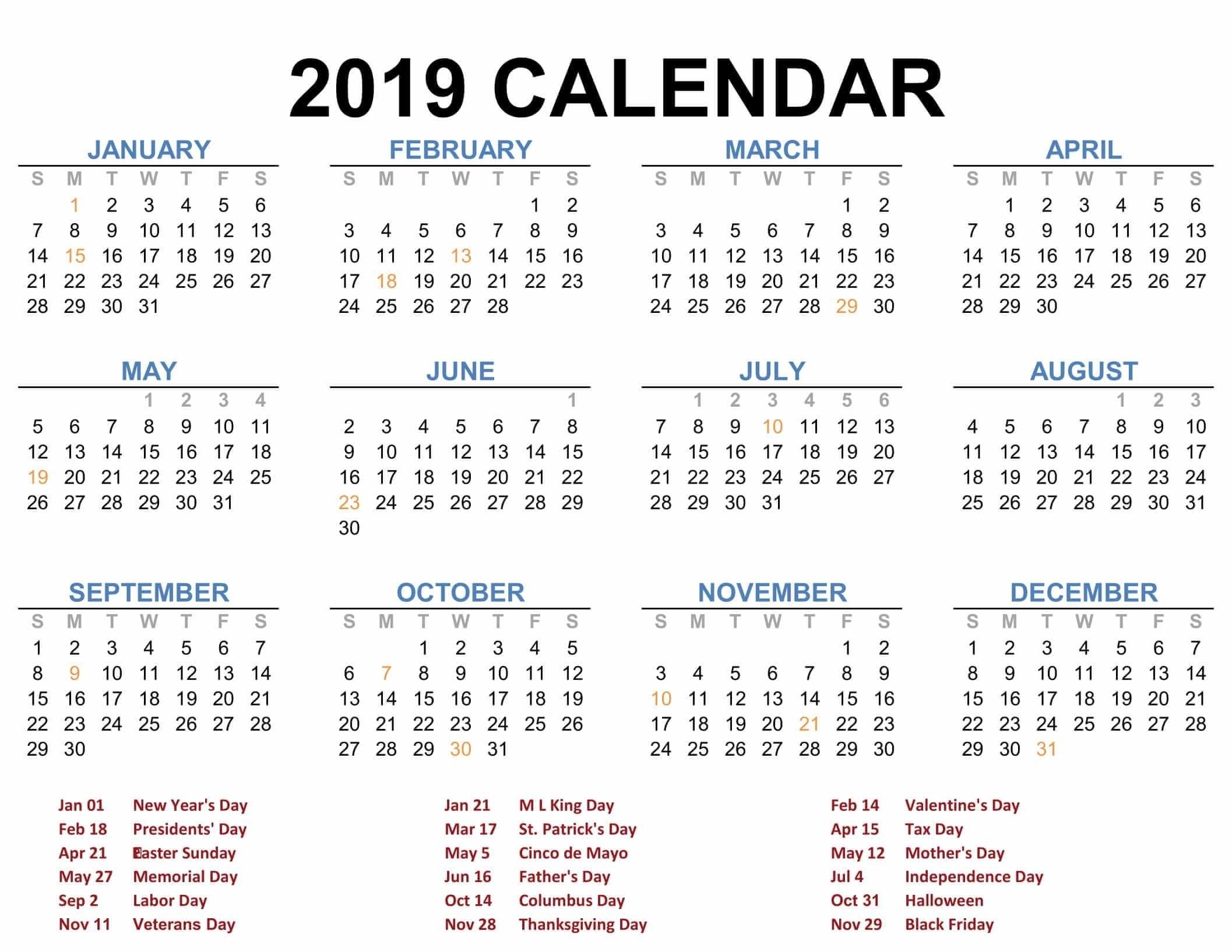 Exemplary Free Yearly Calendar Template 2019 : Mini Calendar