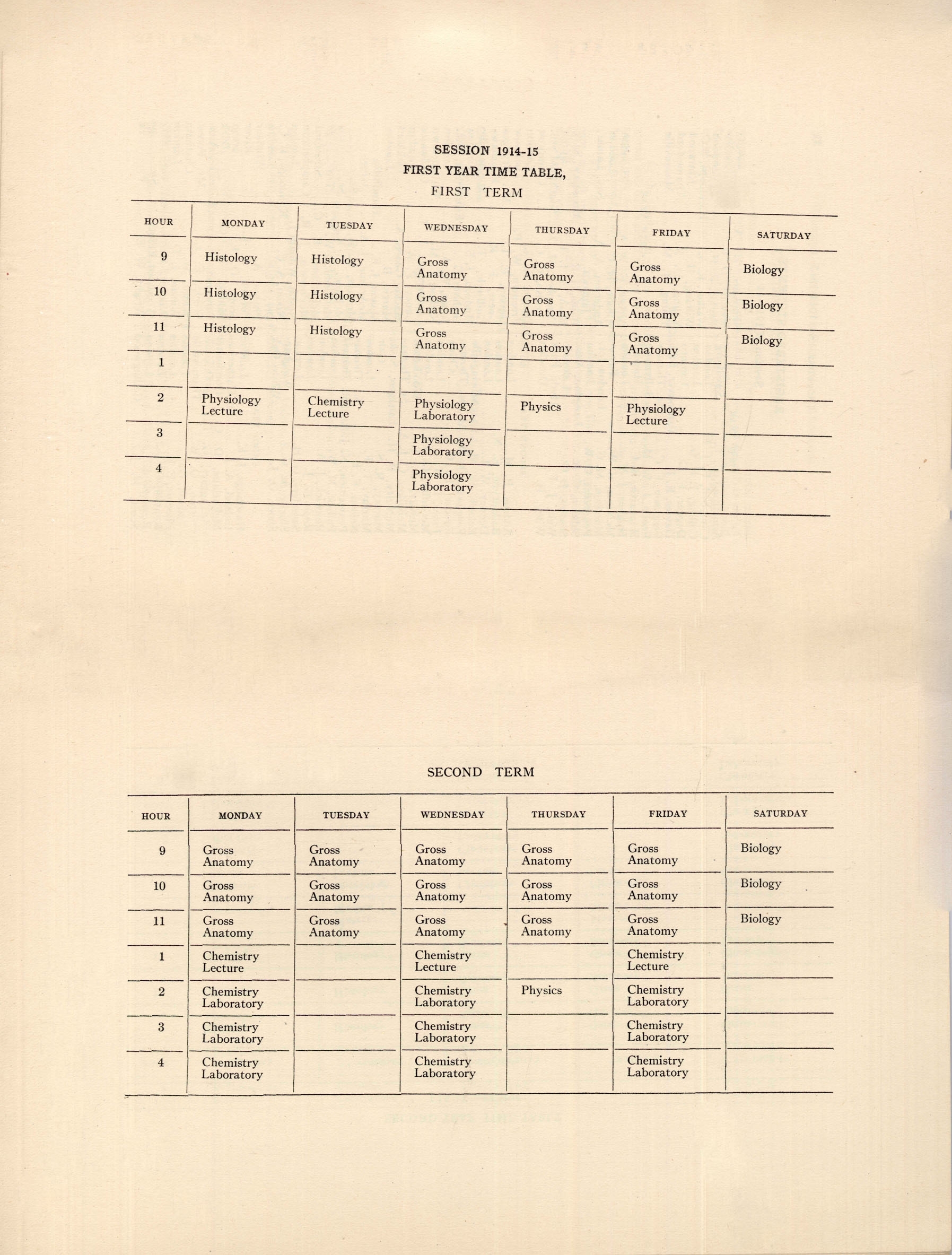 Faculty Of Medicine Calendar, 1914 -1915, First Year Timetable