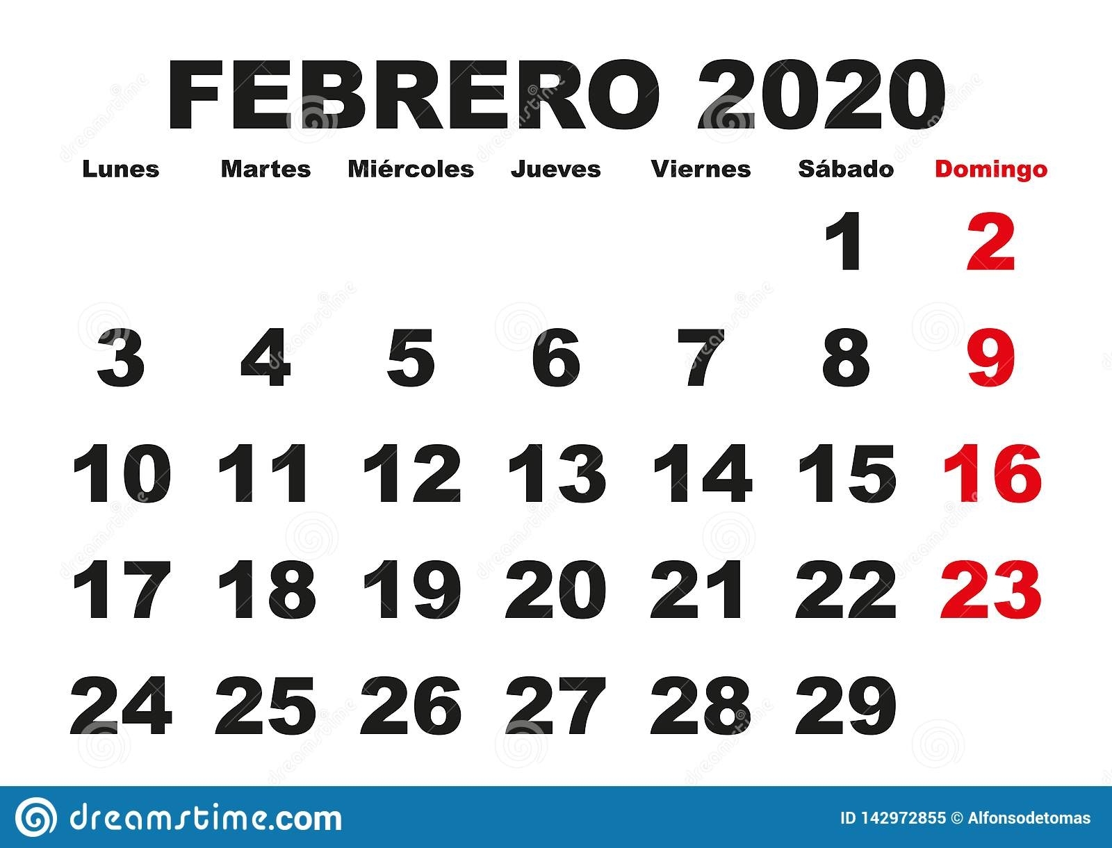 Febrero 2020 Wall Calendar Spanish Stock Vector