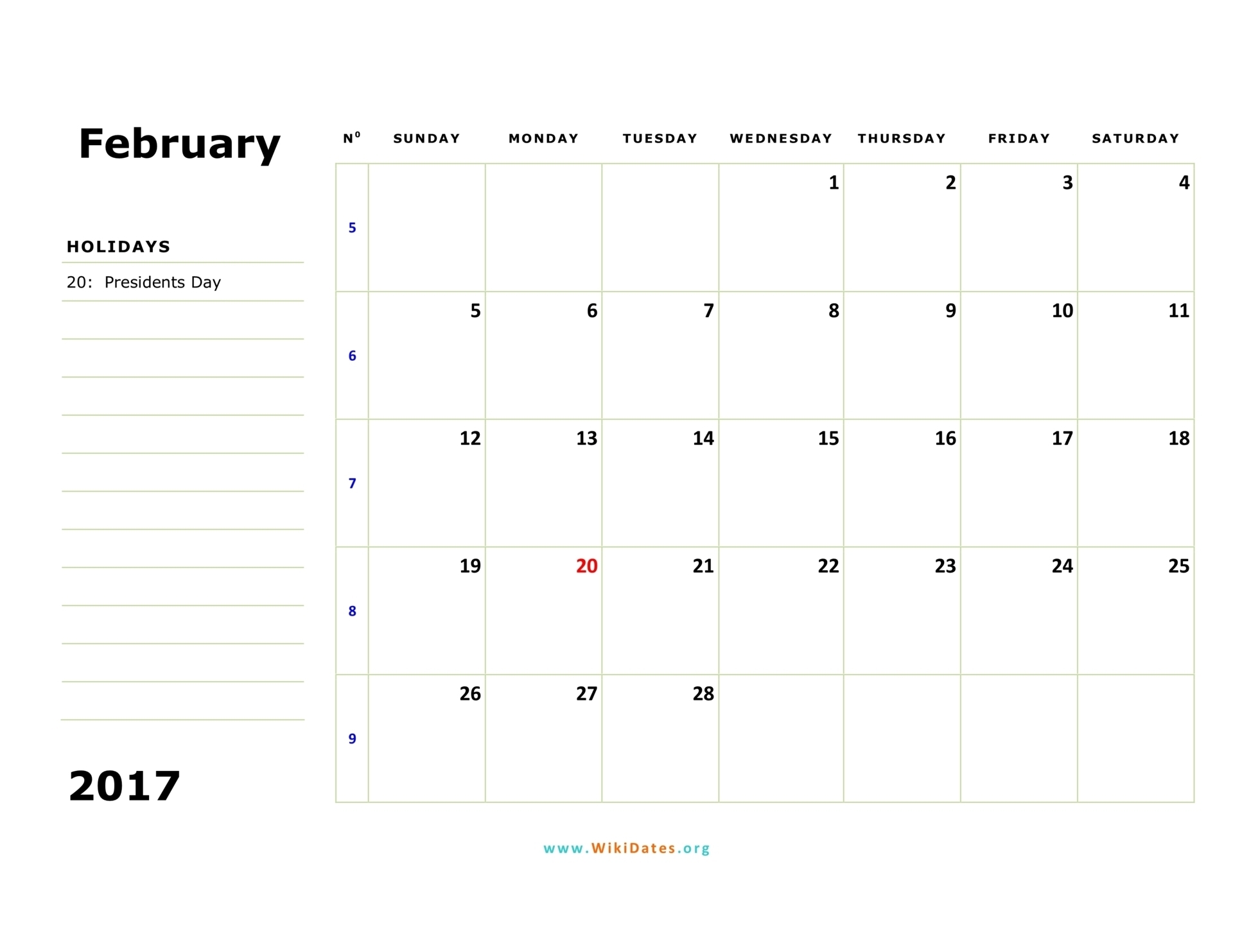February 2017 Calendar | Wikidates