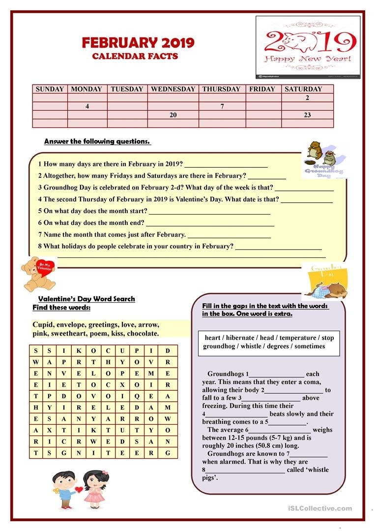 February 2019 Calendar Facts - English Esl Worksheets