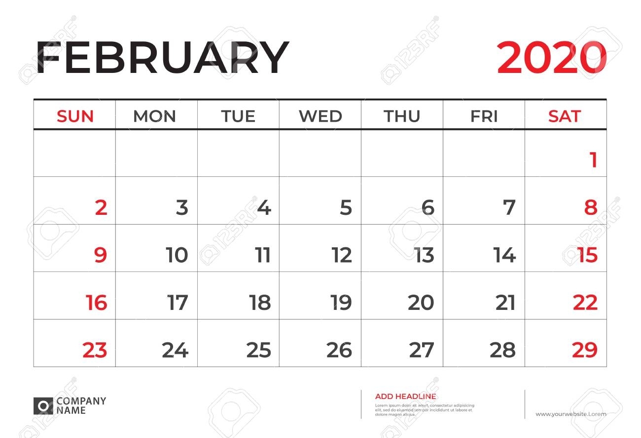 February 2020 Calendar Template, Desk Calendar Layout Size 9.5..