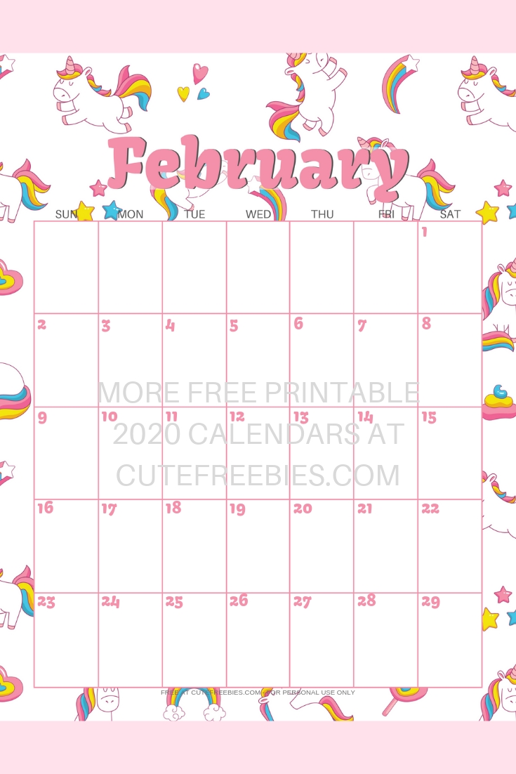 February-2020-Calendar-Unicorn - Cute Freebies For You