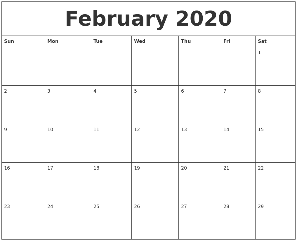February 2020 Large Printable Calendar