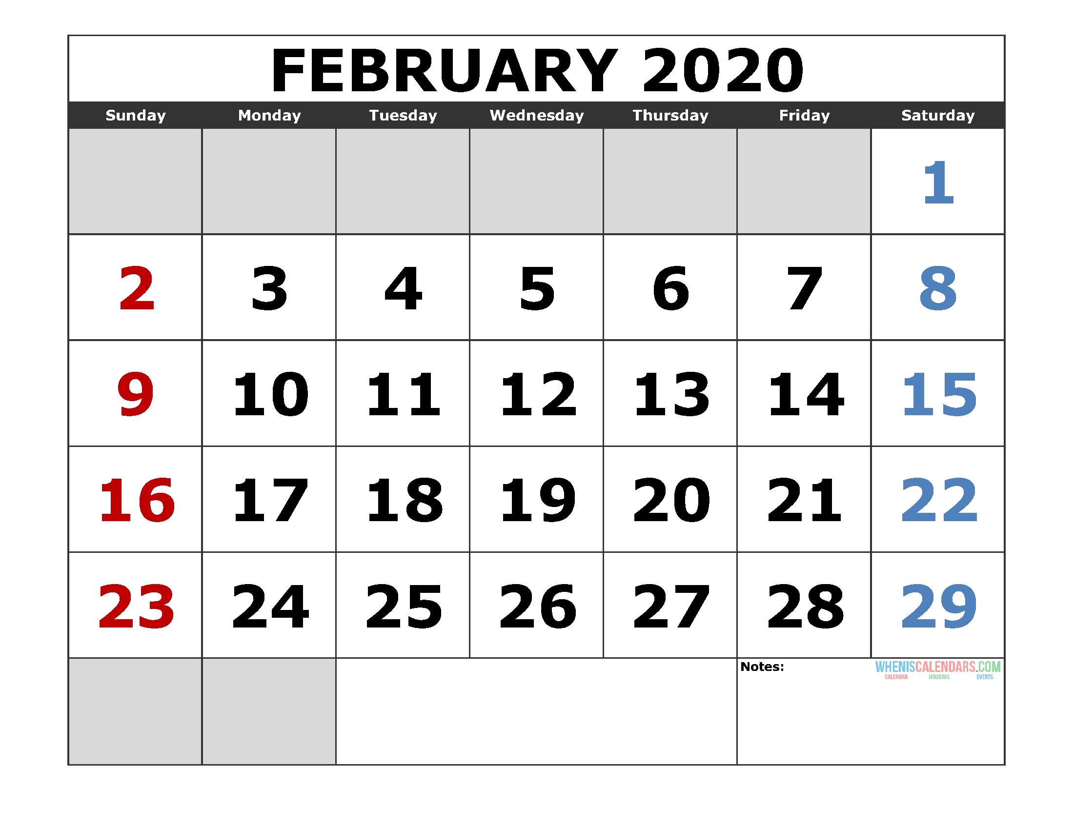 February 2020 Printable Calendar Template Excel, Pdf, Image