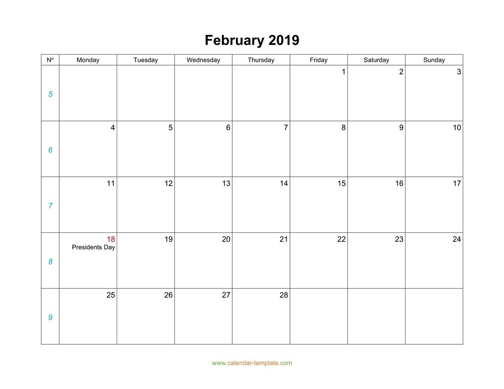 February Calendar 2019 Blank Template