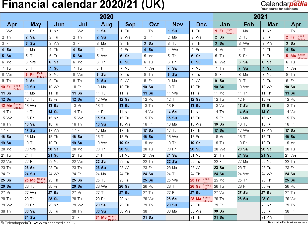 Financial Calendars 2020/21 (Uk) In Microsoft Excel Format