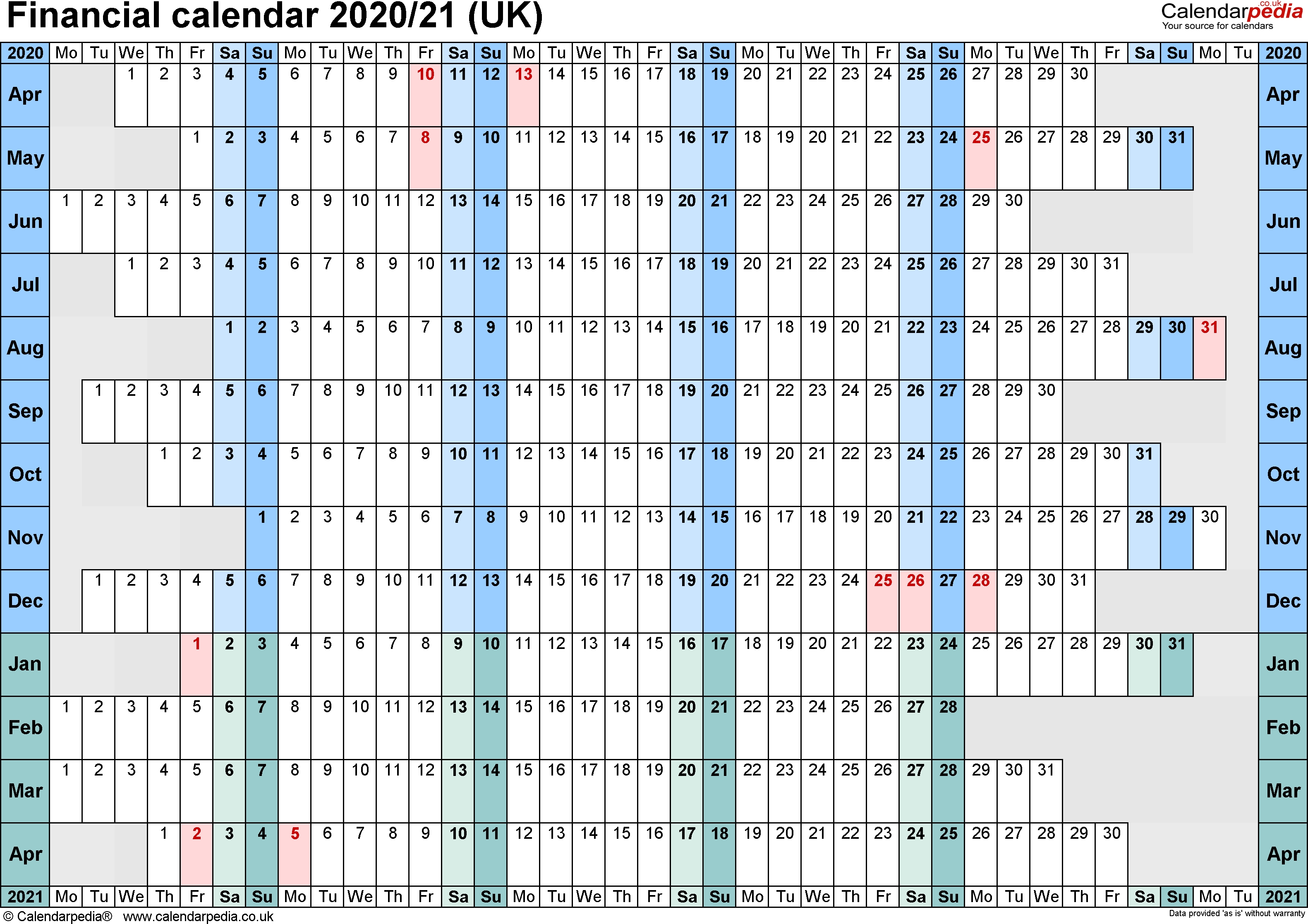 Financial Calendars 2020/21 (Uk) In Microsoft Excel Format