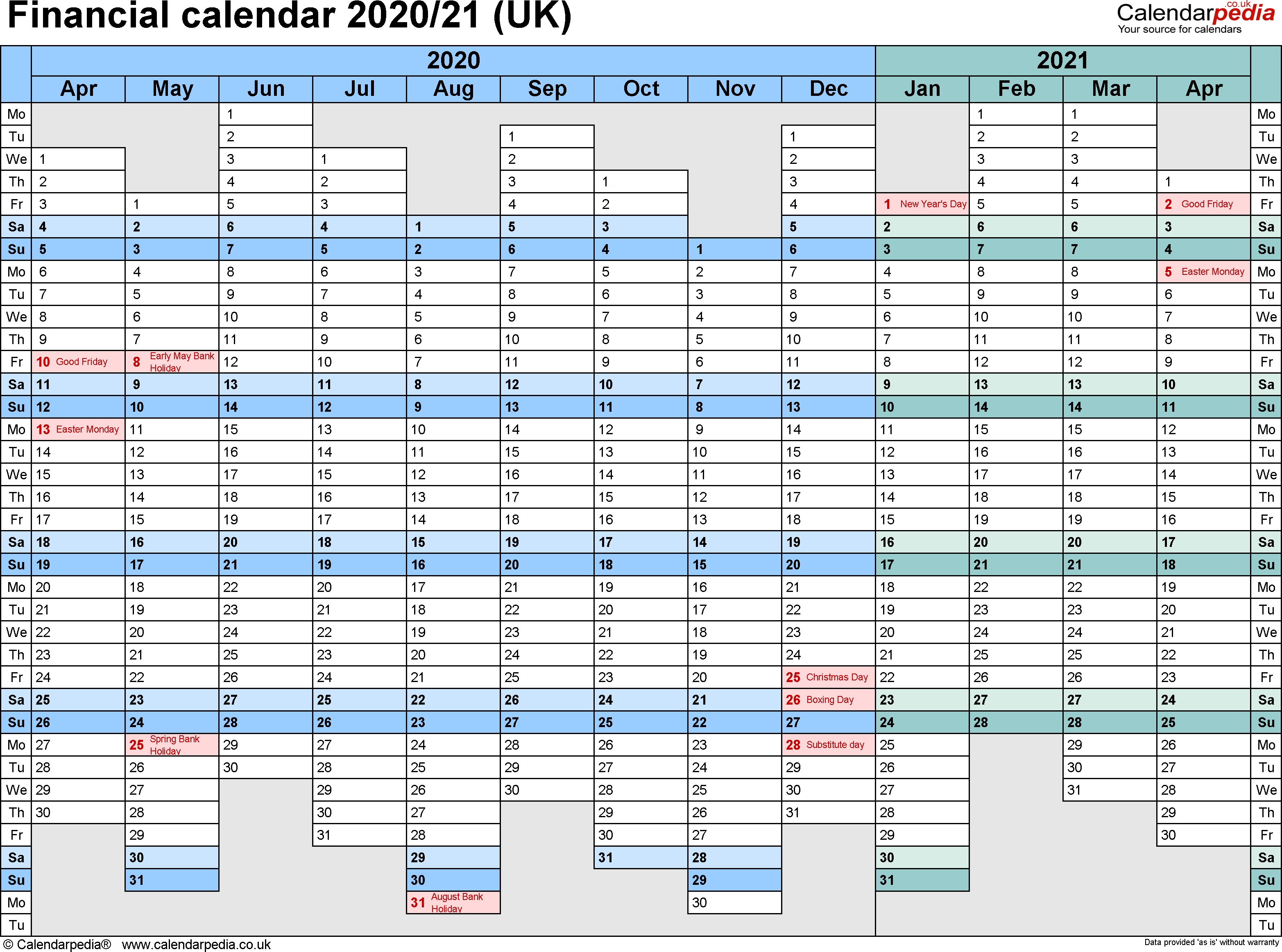 Financial Calendars 2020/21 (Uk) In Microsoft Excel Format