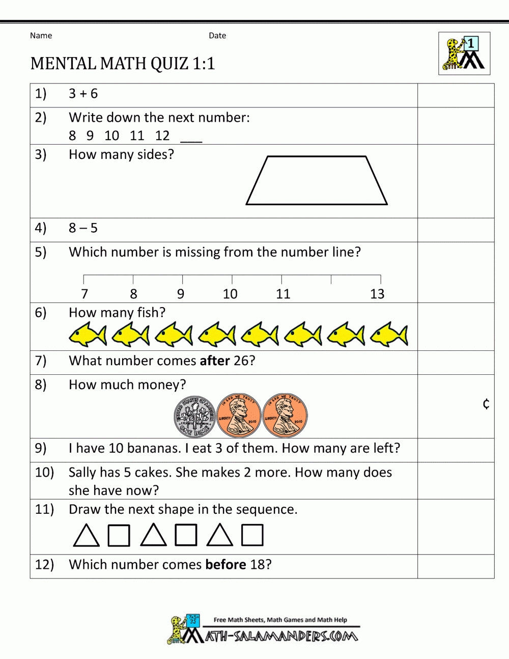 First Grade Mental Math Worksheets