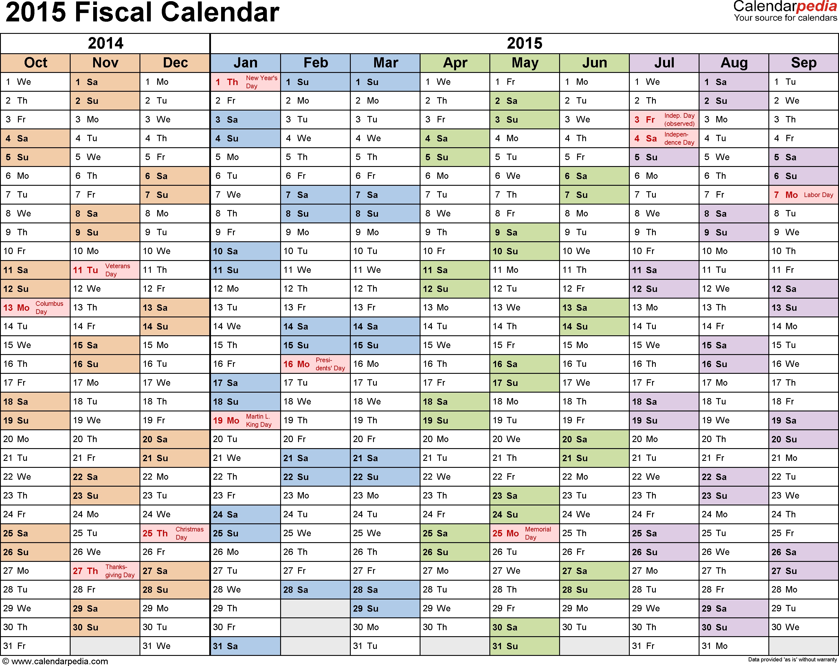 Fiscal Calendars 2015 - Free Printable Pdf Templates