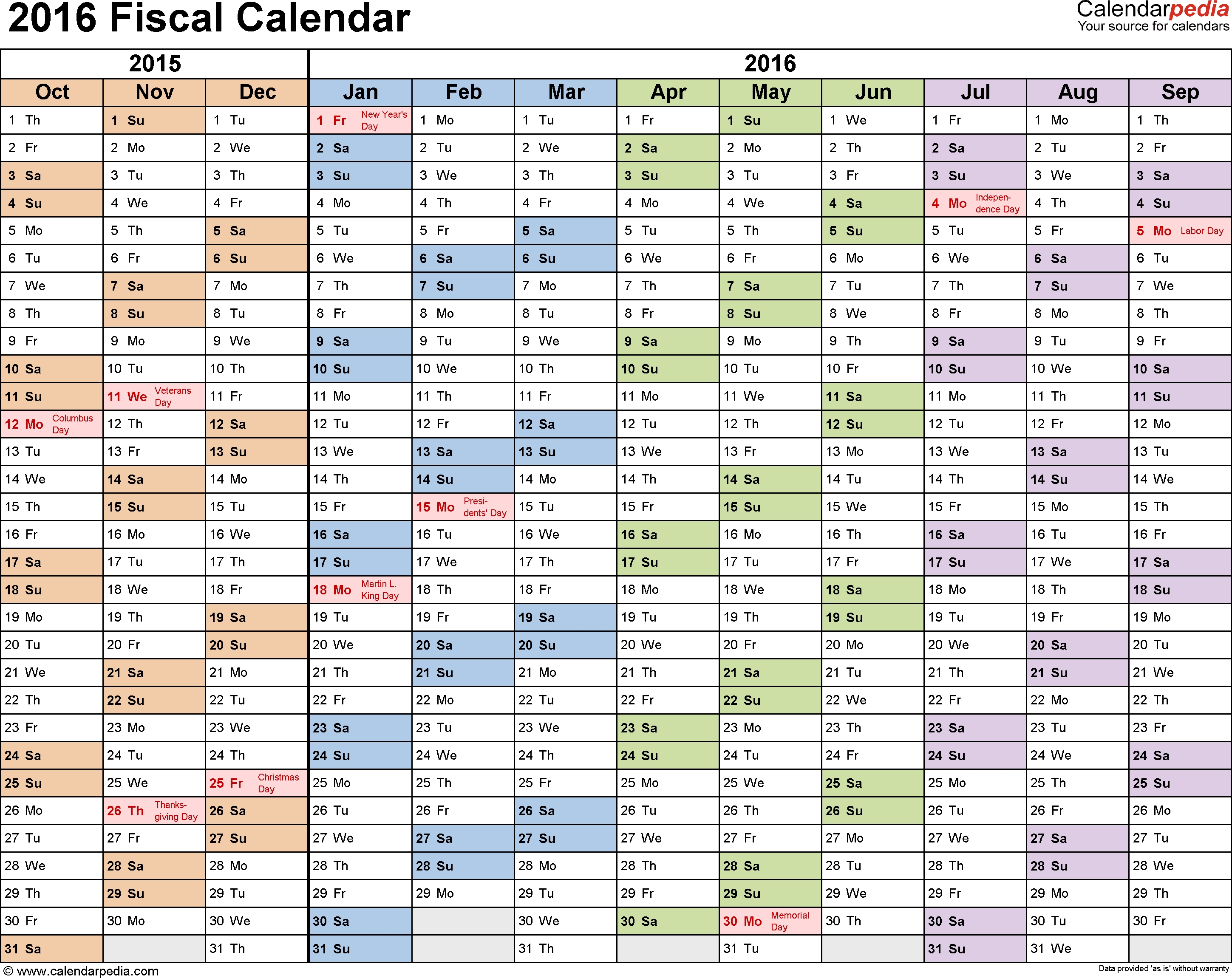 Fiscal Calendars 2016 - Free Printable Excel Templates