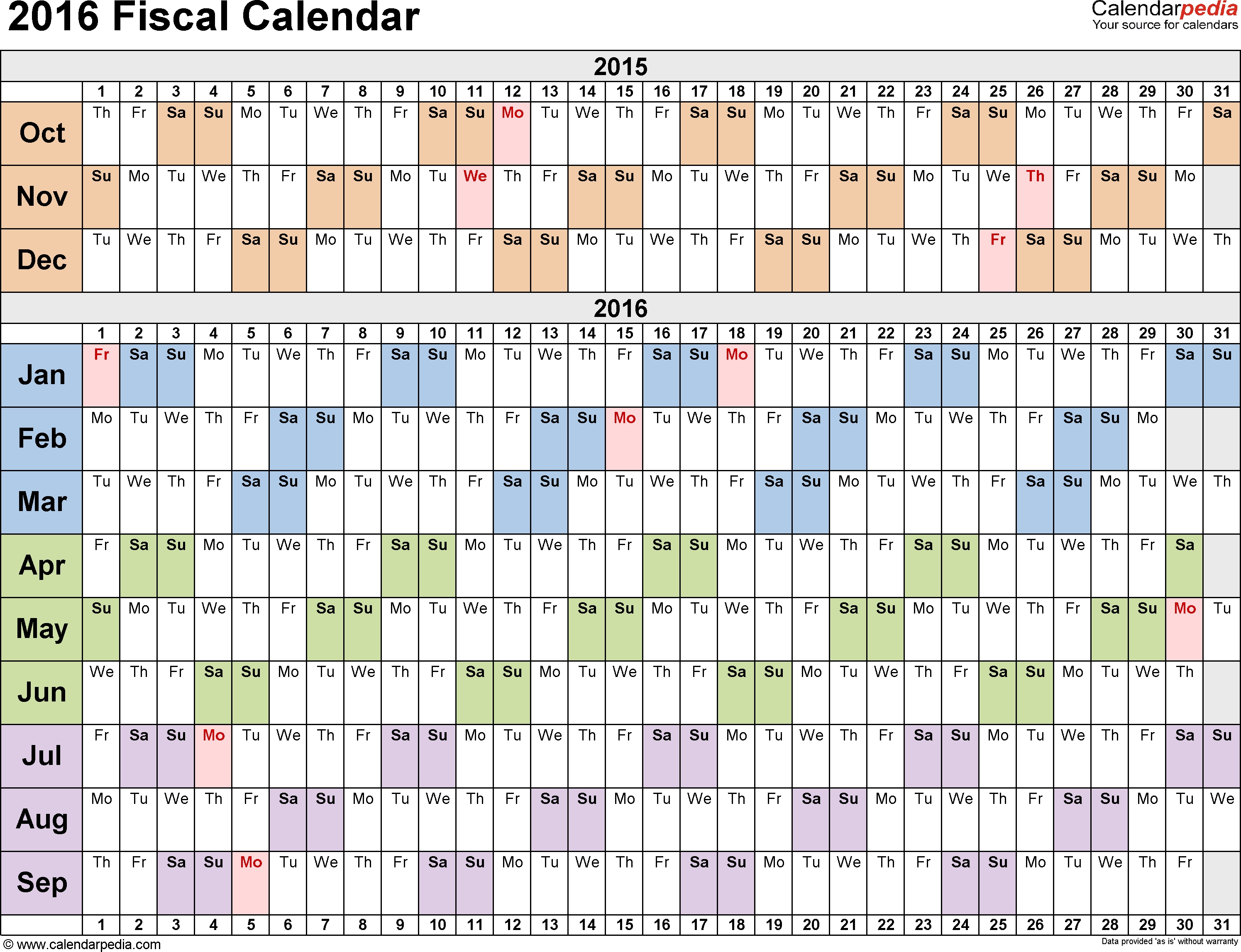 Fiscal Calendars 2016 - Free Printable Excel Templates