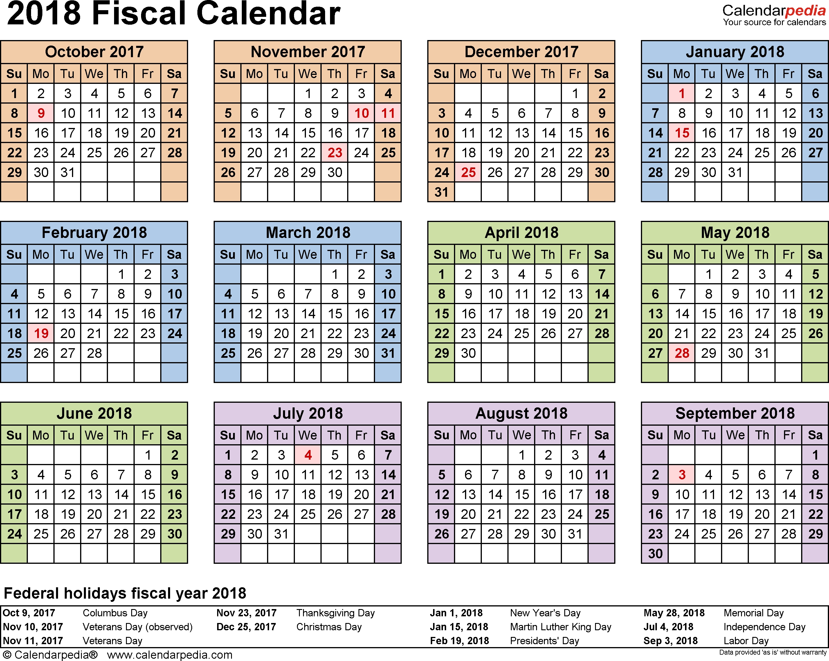 Fiscal Calendars 2018 - Free Printable Pdf Templates