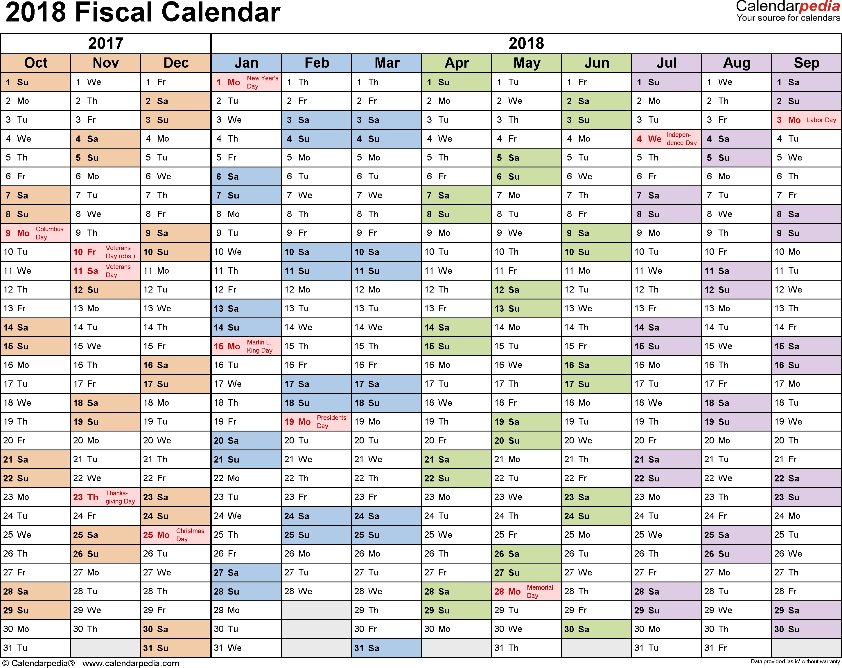 Fiscal Calendars 2018 - Free Printable Pdf Templates