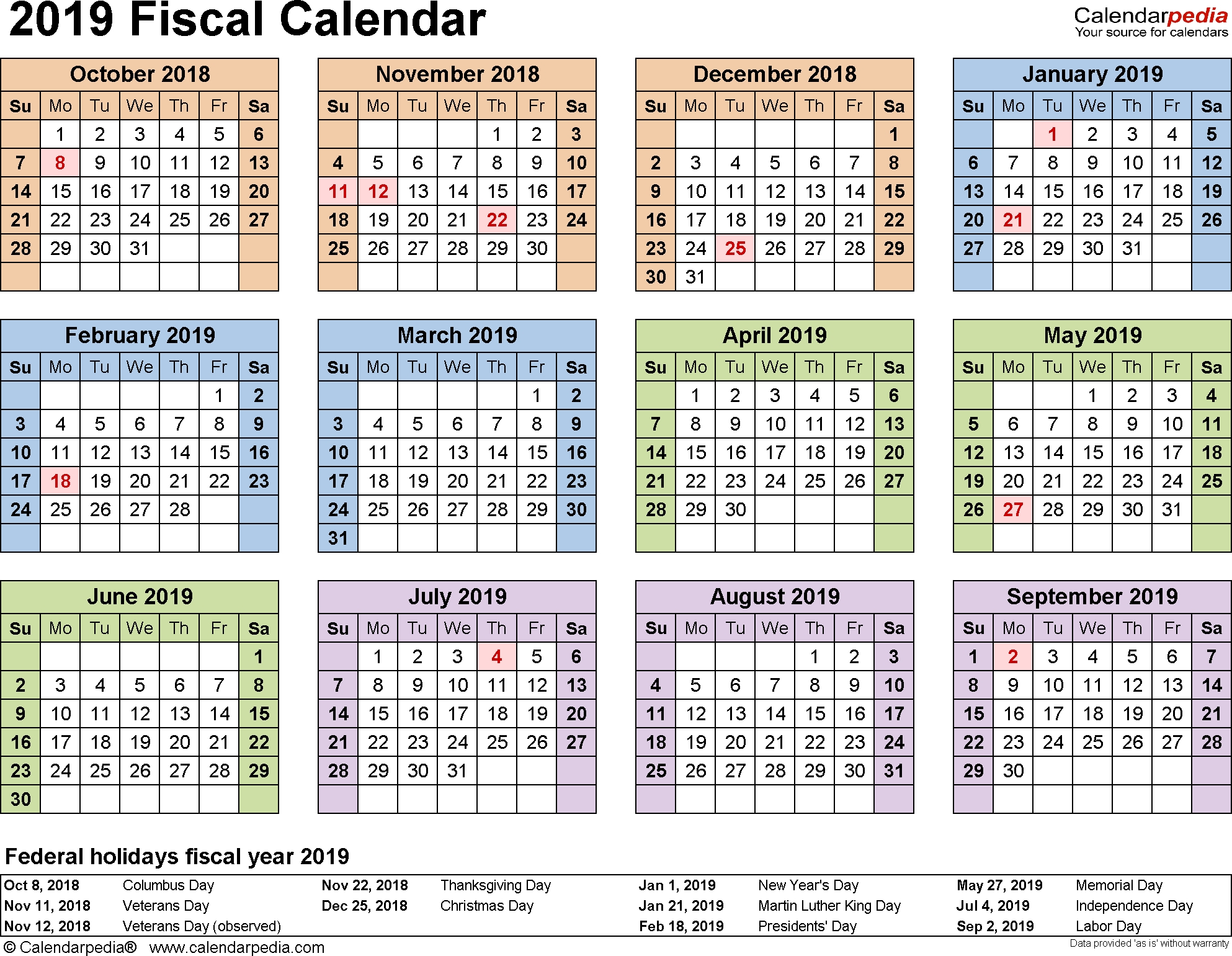 Fiscal Calendars 2019 - Free Printable Word Templates