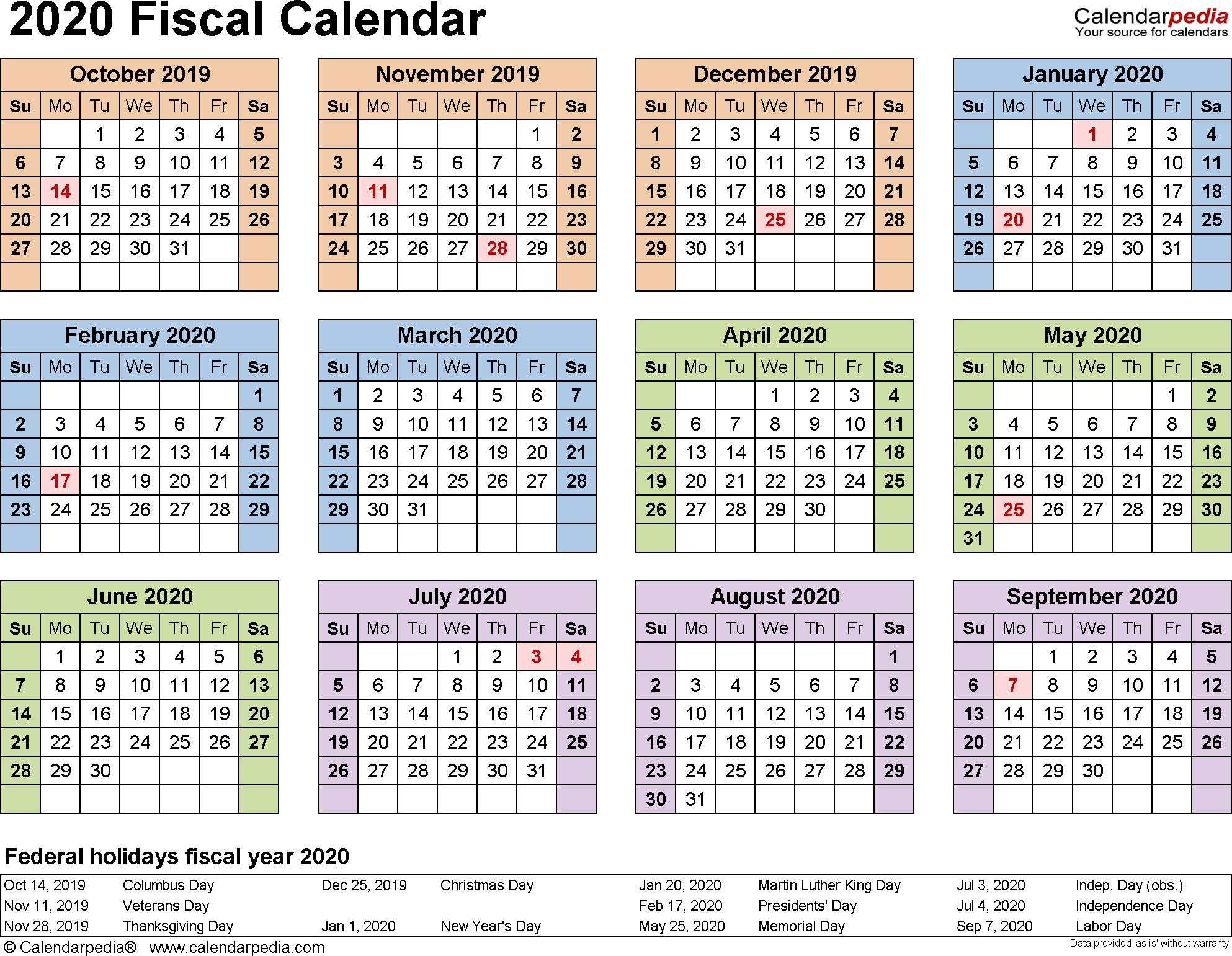 Fiscal Calendars 2020 - Free Printable Pdf Templates