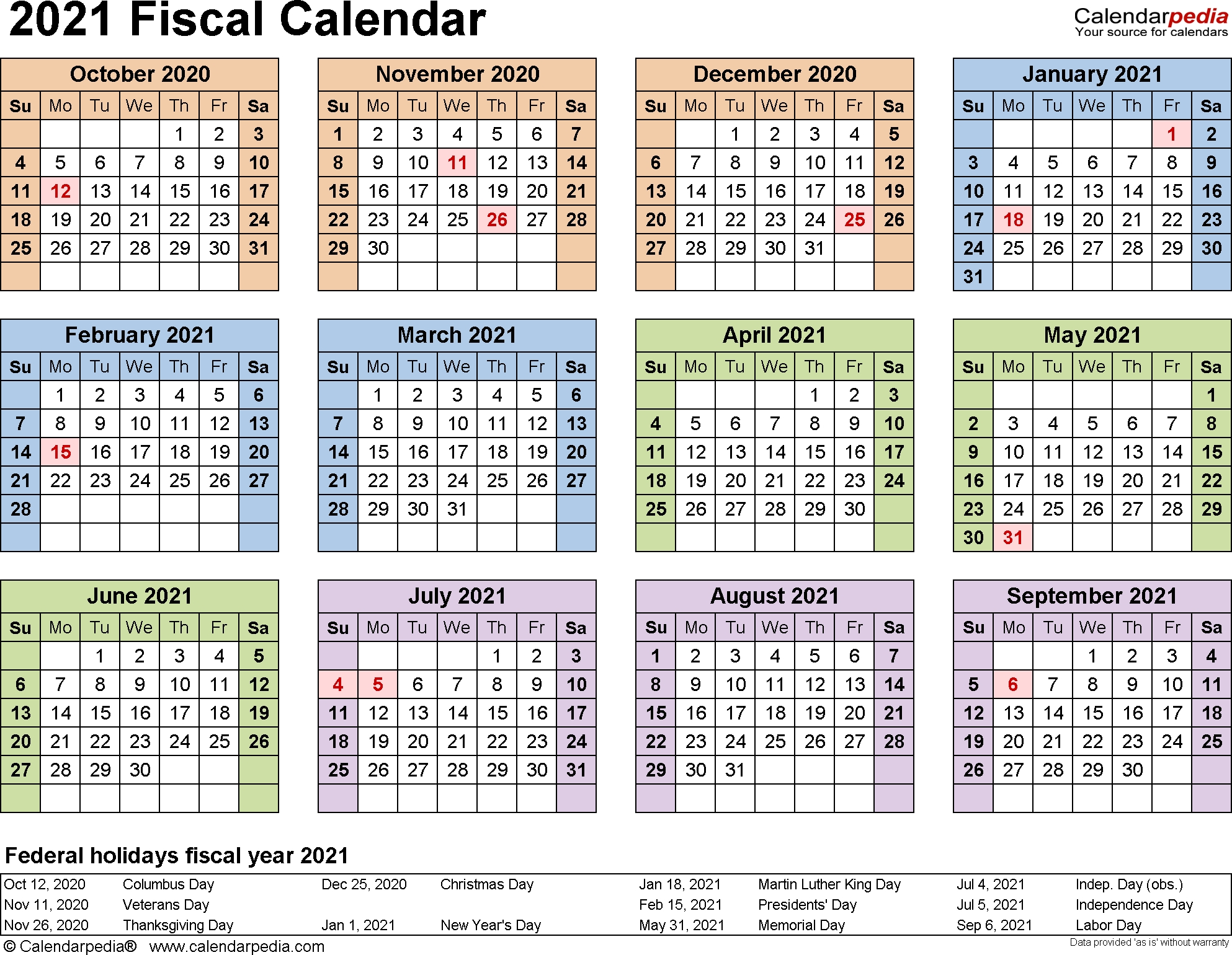 Fiscal Calendars 2021 - Free Printable Pdf Templates