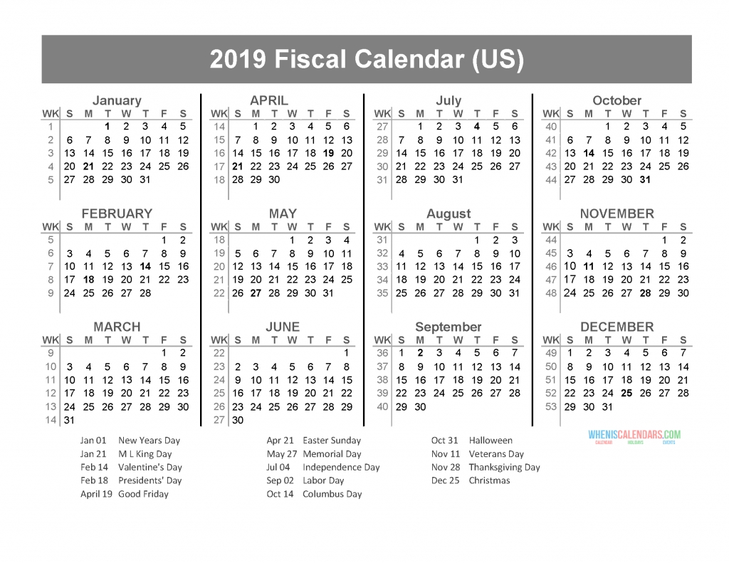 Fiscal Year 2019 Calendar With Us Holidays (January To