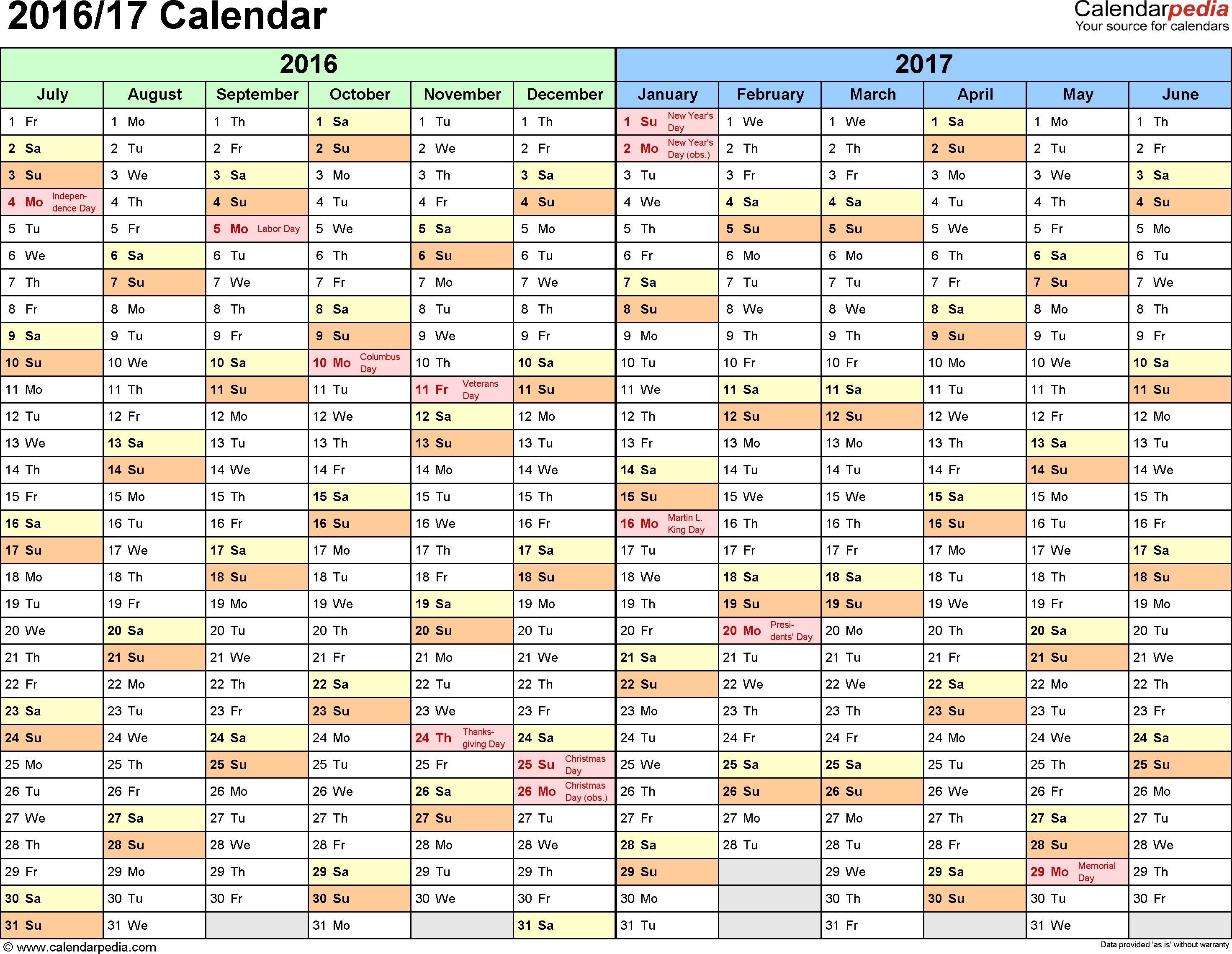Fiscal Year Calendar 2016 2017 Printable | Calendar Template