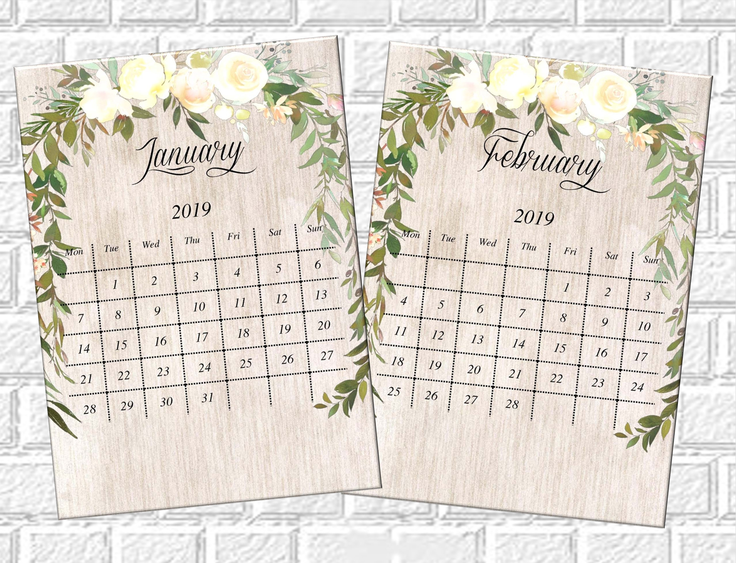 Floral Calendar 2019 Printable Monthly Desk Calendar, Printable Pdf  Calendar 2019 Mini Desk Calendar Desktop Calendar Small Desktop Calendar