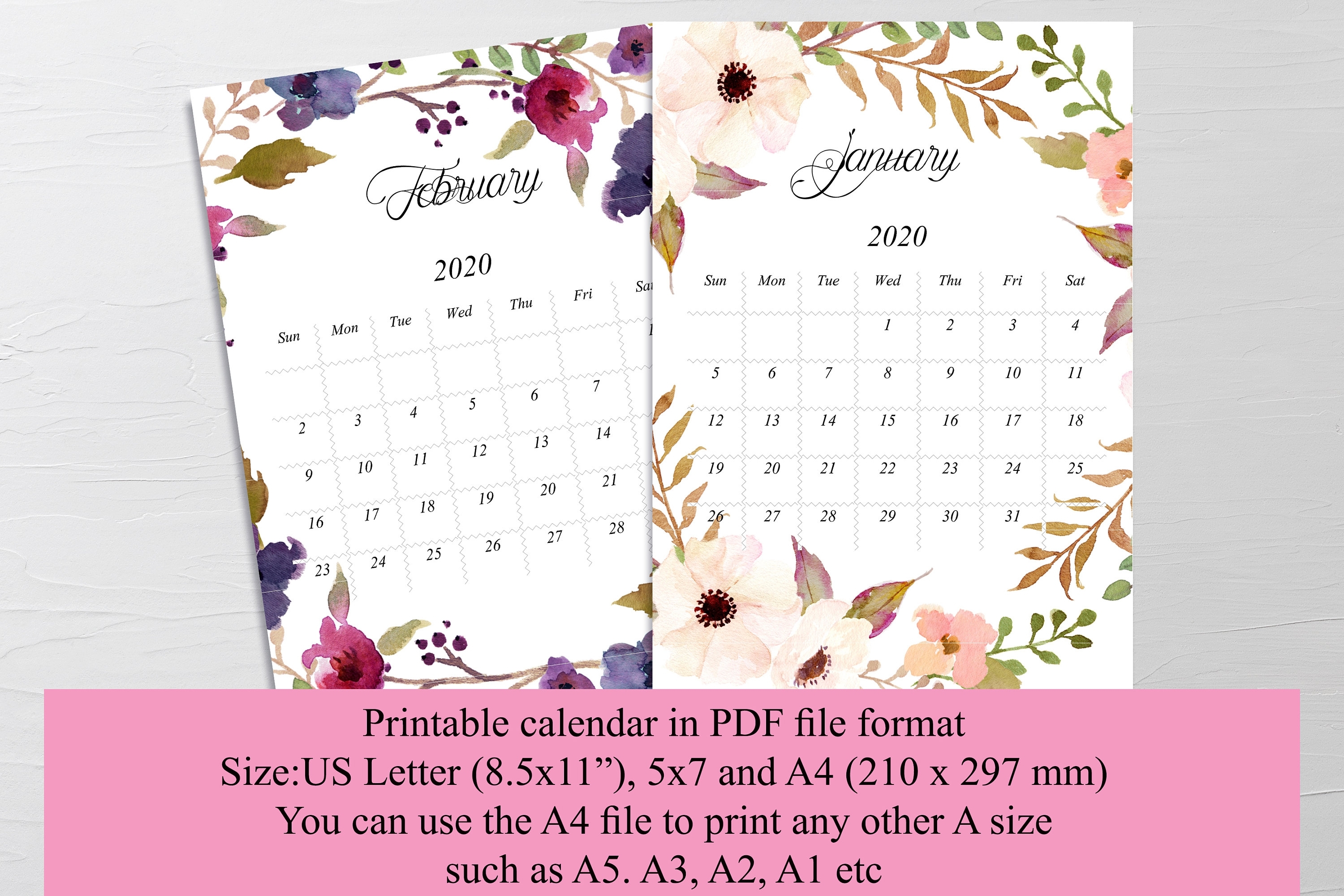 Floral Calendar 2020 Calendar Printable, Desk Calendar 2020, 2020 Wall  Calendar Watercolor Flowers, Calendar 2020, 2020 Desk Calendar, 2020